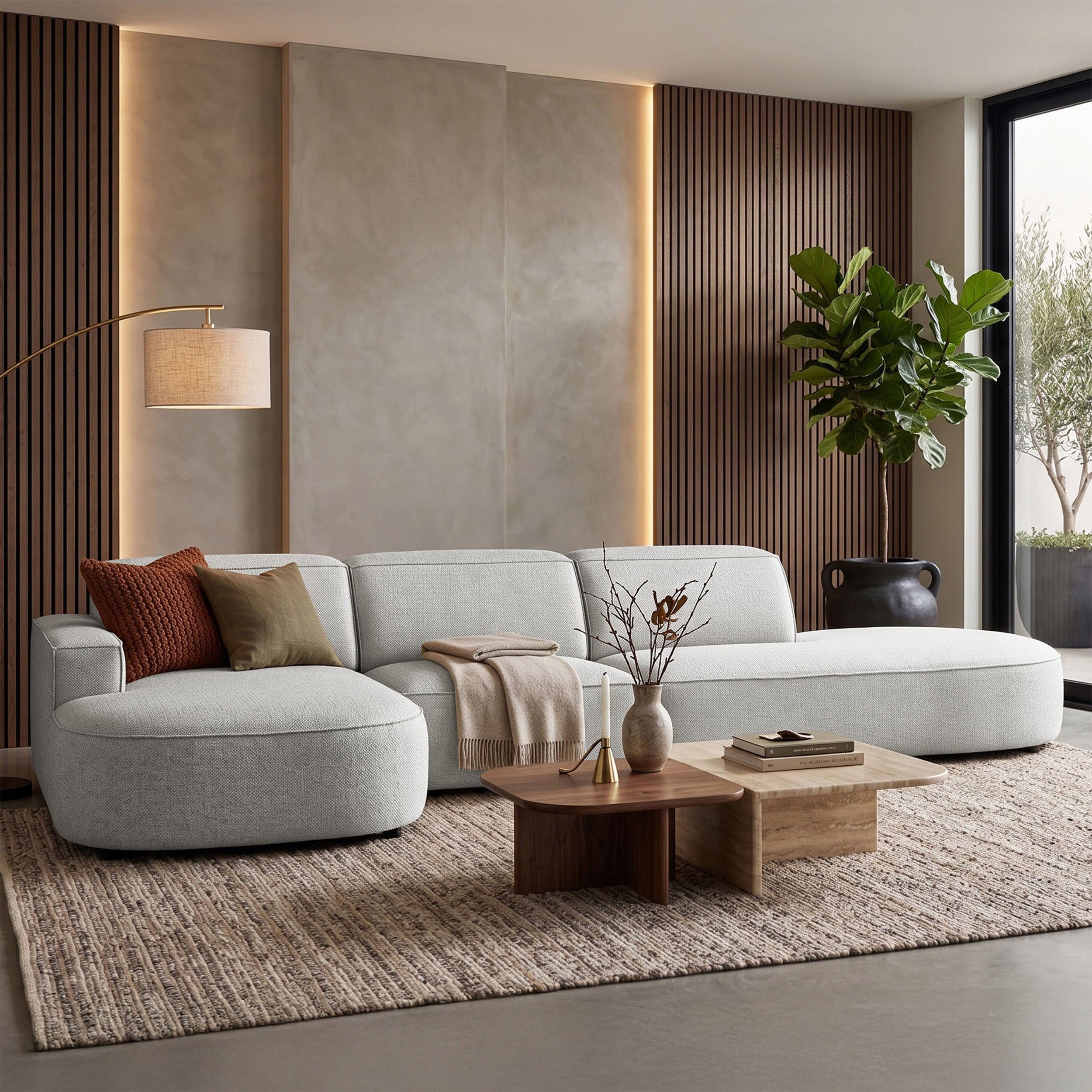 Modulares Ecksofa Sallmo L-förmig linksseitig hellgrauer hydrophober Chenille-Stoff