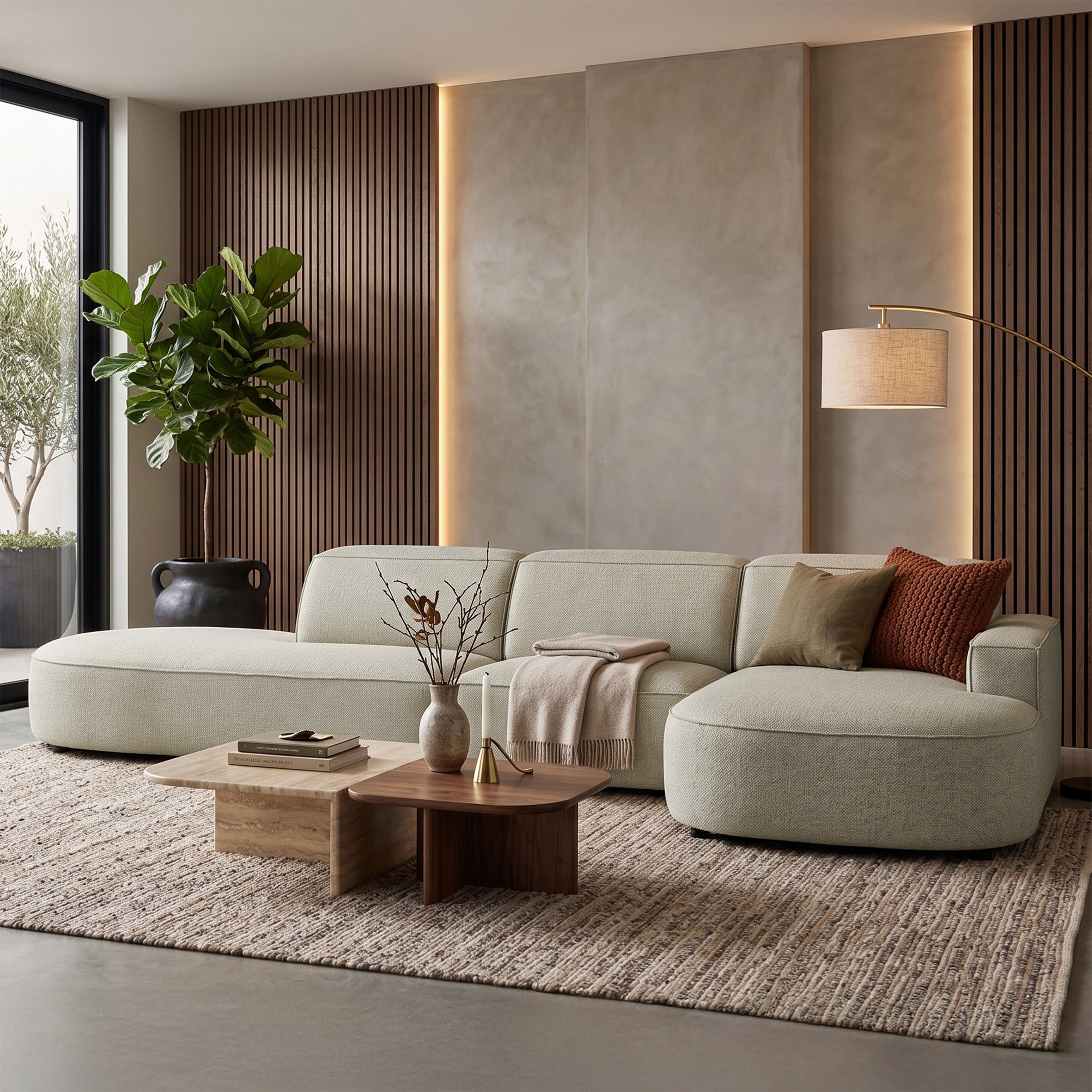 Modulares Ecksofa Sallmo L-förmig, rechtsseitig, grau-beige, hydrophober Chenille-Stoff