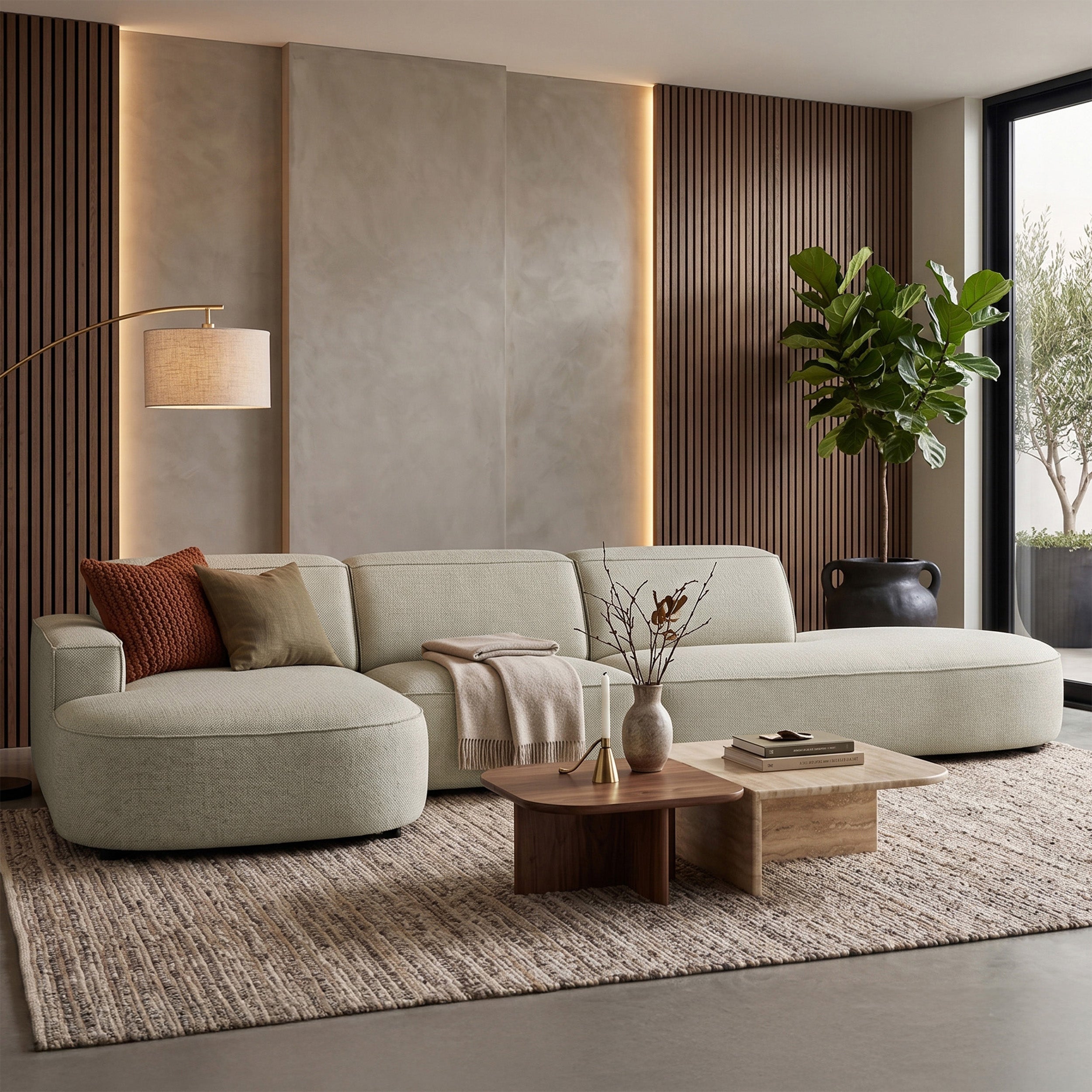 Modulares Ecksofa Sallmo L-förmig linksseitig, grau-beige, hydrophobes Chenille
