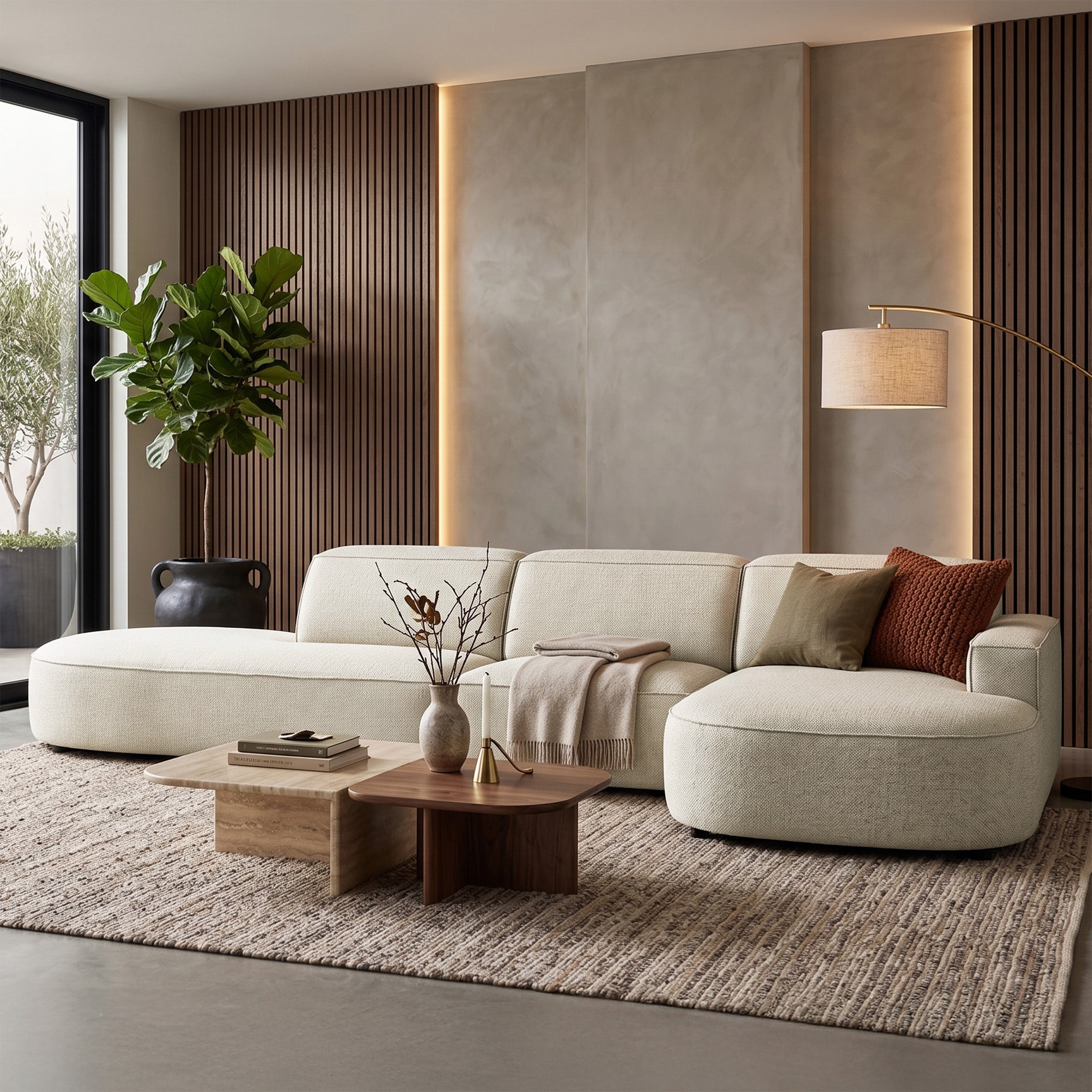 Modulares Ecksofa Sallmo L-förmig, rechtsseitig, cremefarben, hydrophobes Chenille