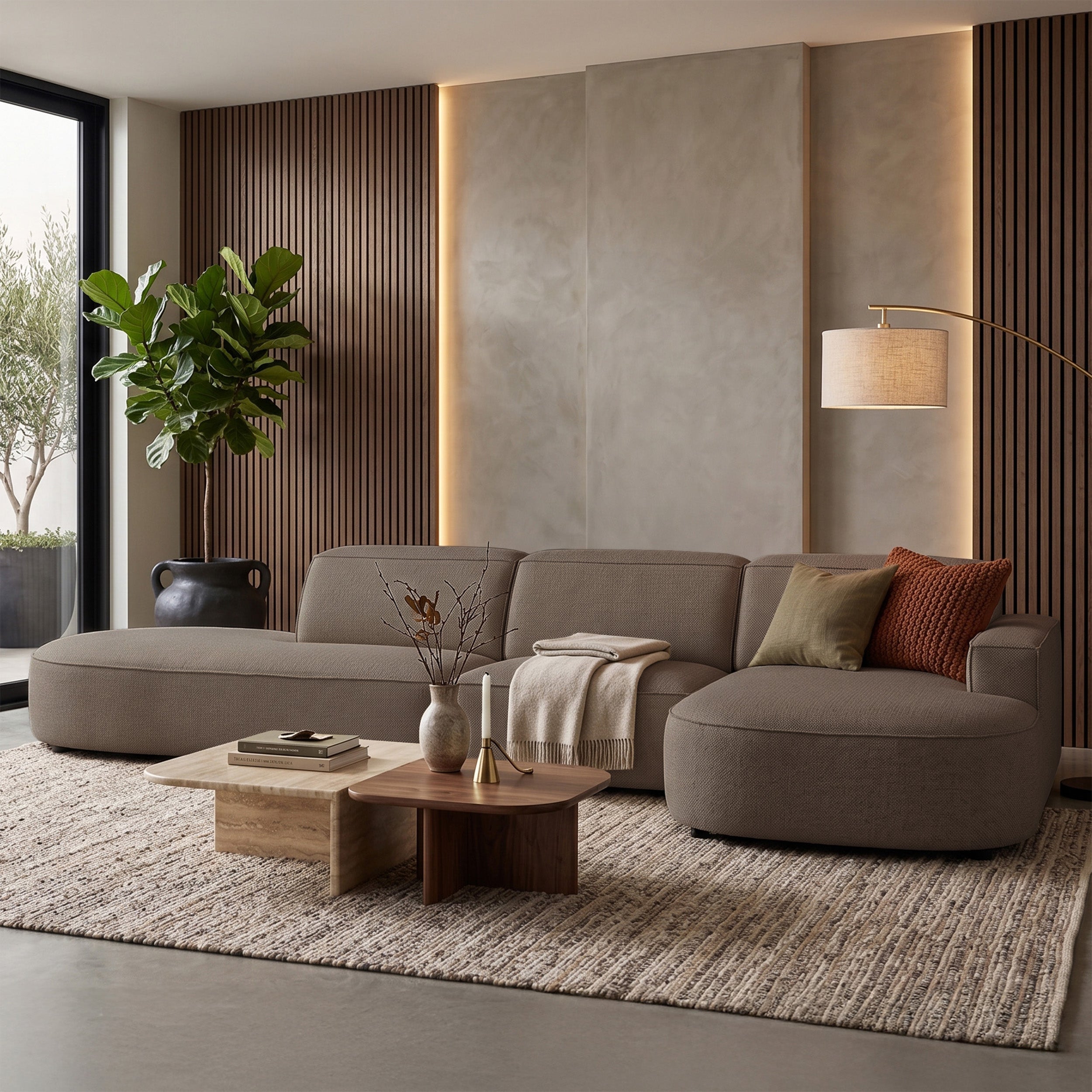 Modulares Ecksofa Sallmo L-förmig, rechtsseitig, hellbraun, hydrophober Chenille-Stoff