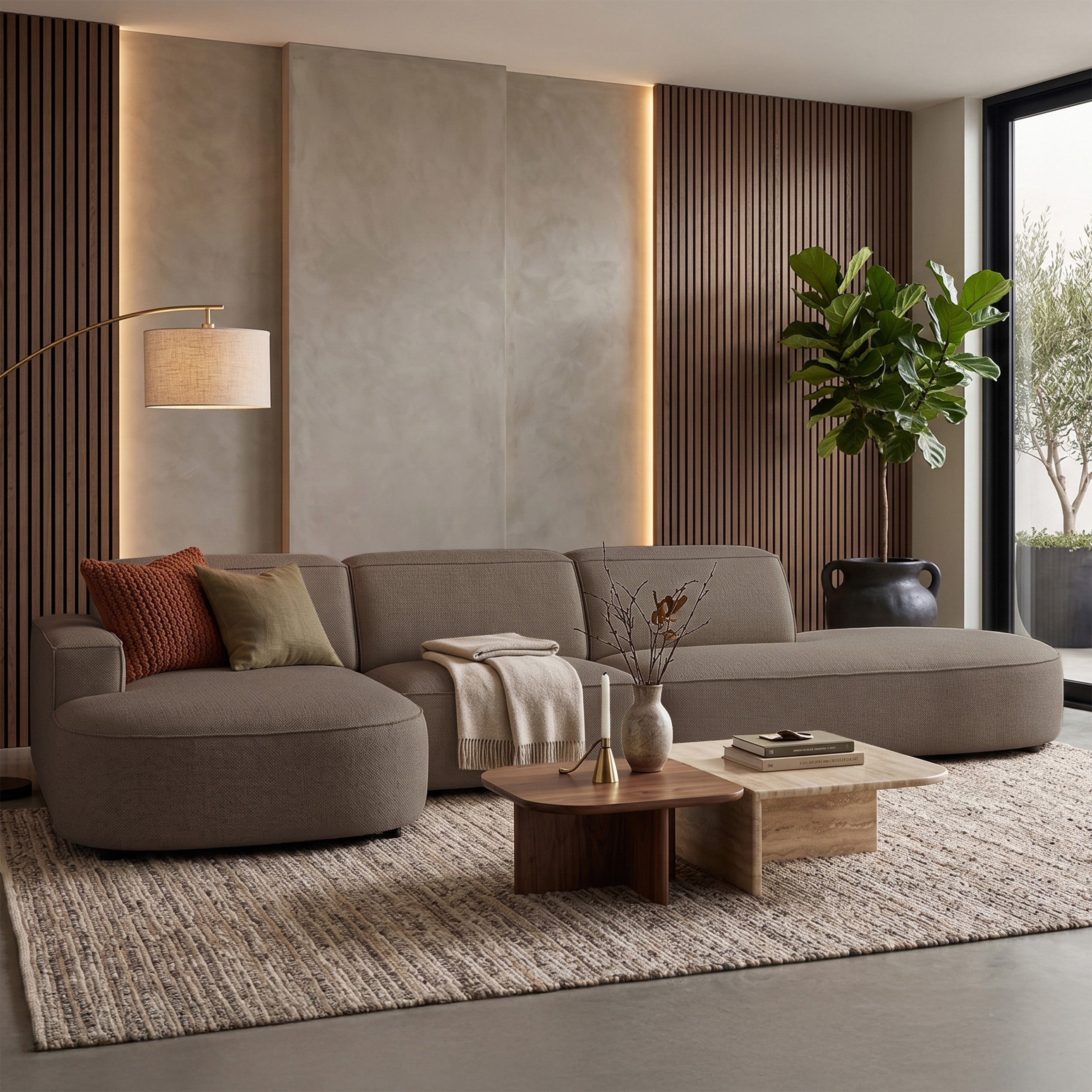 Modulares Ecksofa Sallmo L-förmig linksseitig hellbraun, hydrophobes Chenille
