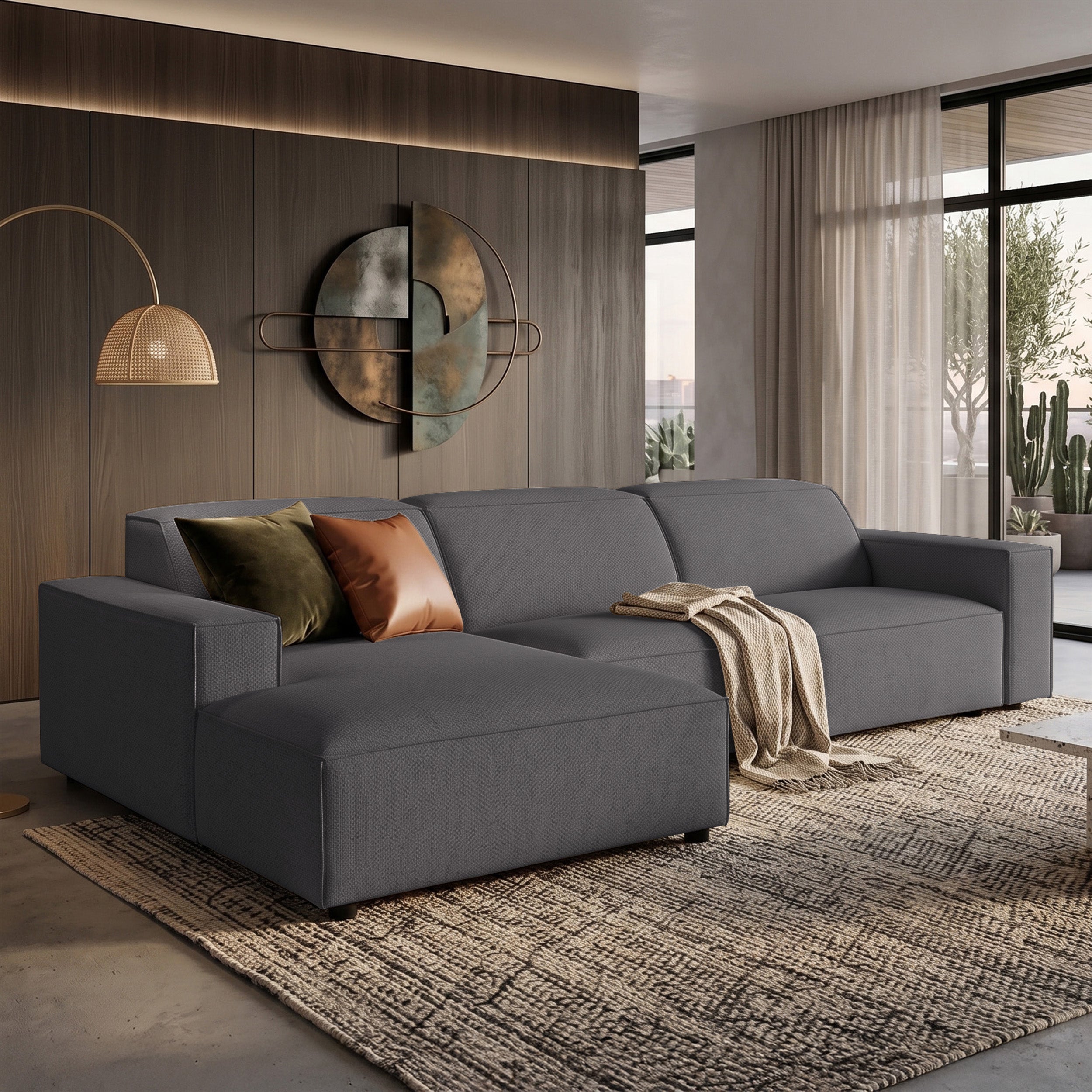 Modulares Ecksofa Sellmo, L-förmig, linksseitig, dunkelgrauer hydrophober Chenillestoff