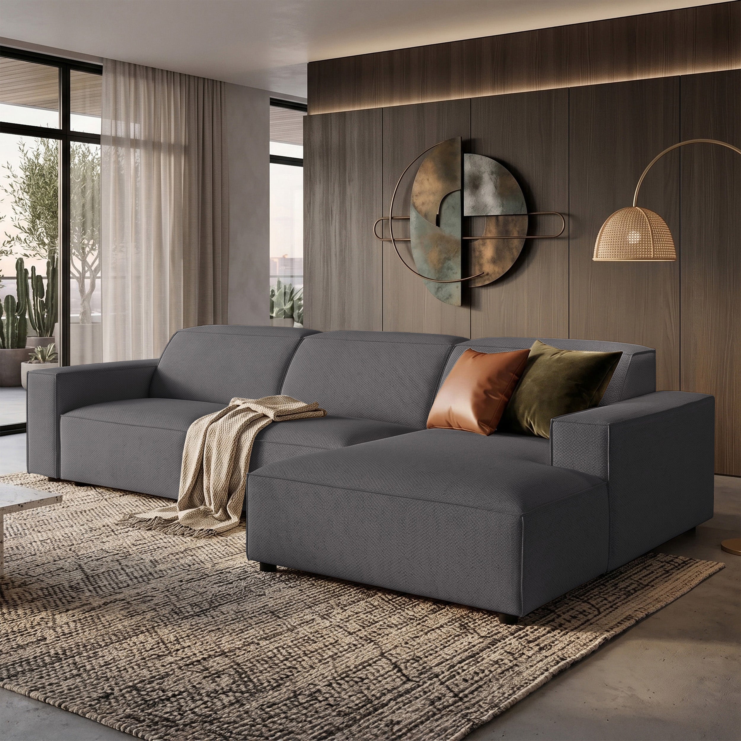 Modulares Ecksofa Sellmo, L-förmig, rechtsseitig, dunkelgrauer hydrophober Chenillestoff