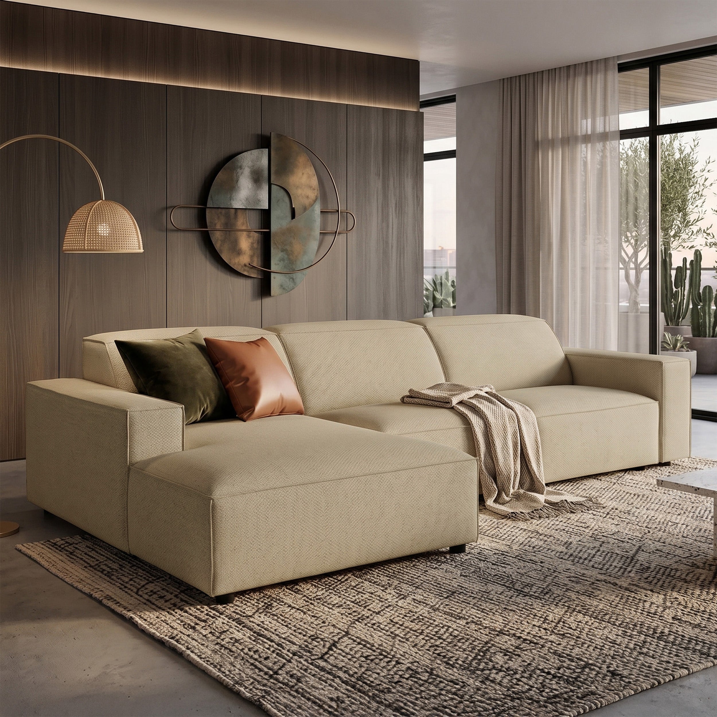 Modulares Ecksofa Sellmo, L-förmig, linksseitig, dunkelbeige, hydrophobes Chenille