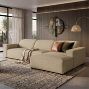 Modulares Ecksofa Sellmo, L-förmig, rechtsseitig, dunkelbeige, hydrophobes Chenille