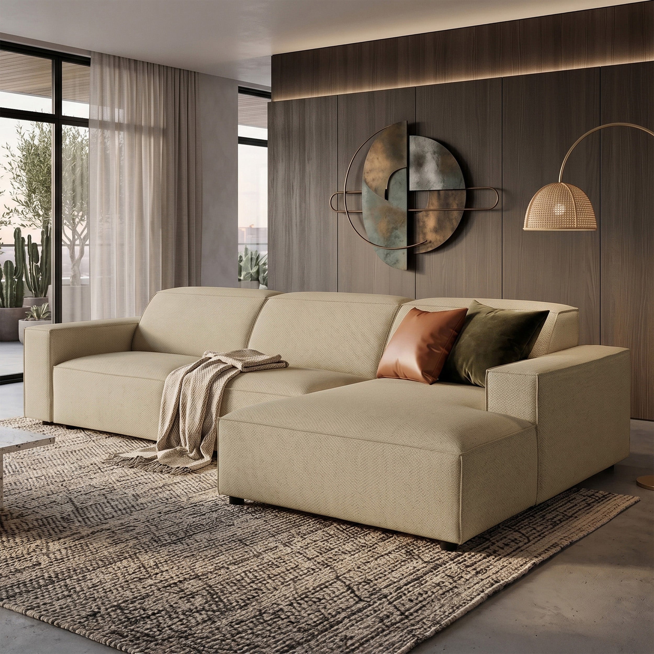 Modulares Ecksofa Sellmo, L-förmig, rechtsseitig, dunkelbeige, hydrophobes Chenille
