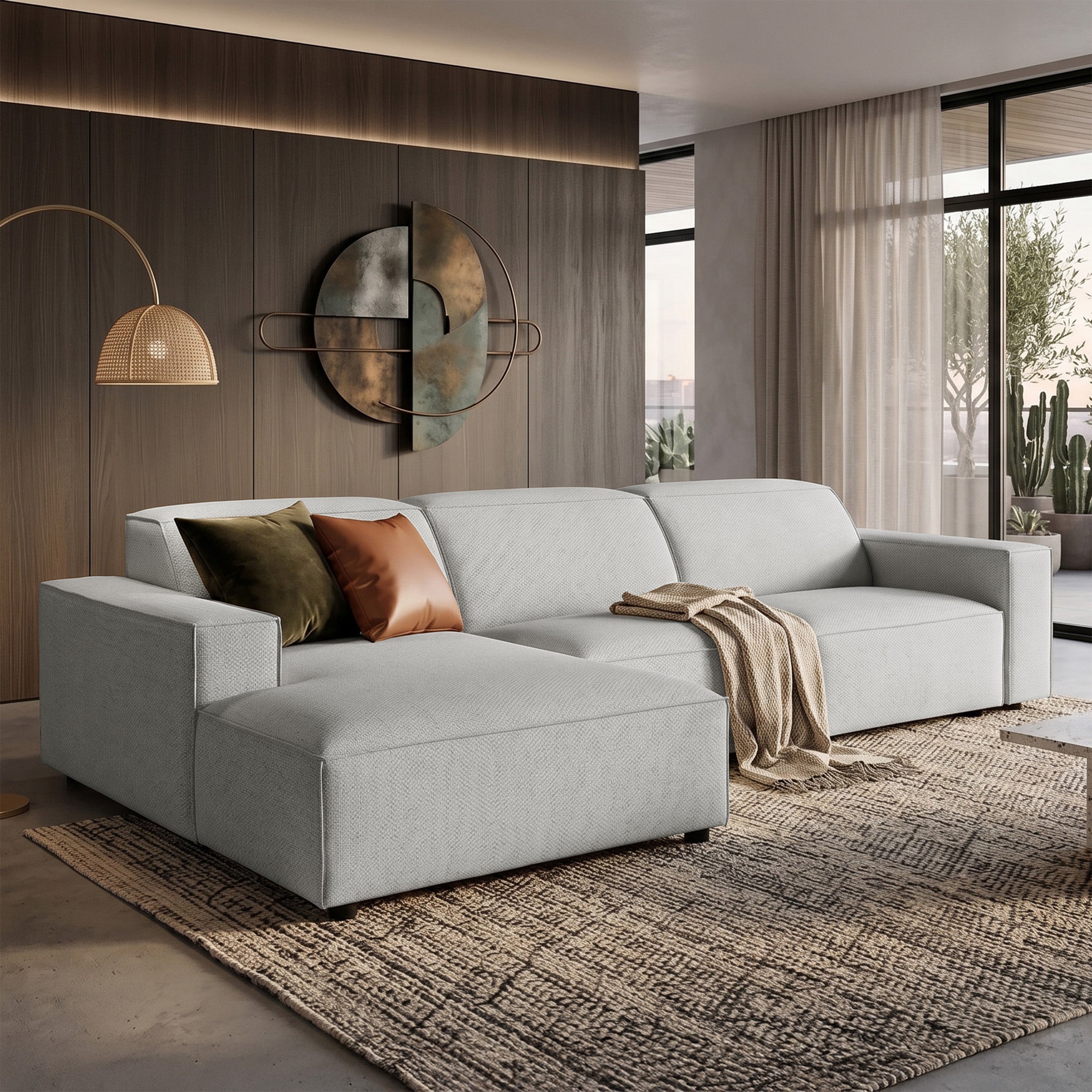 Modulares Ecksofa Sellmo, L-förmig, linksseitig, hellgrauer hydrophober Chenille-Stoff