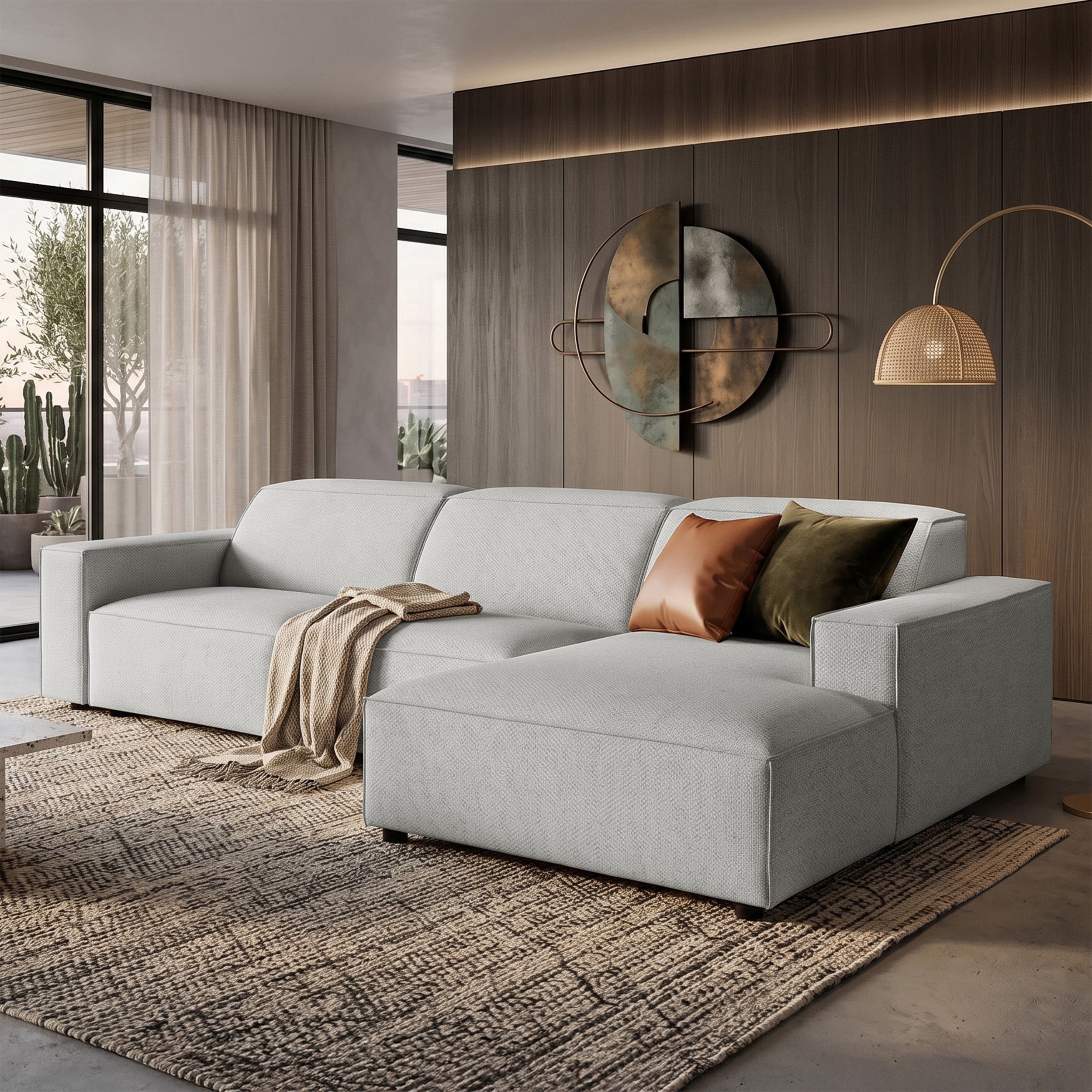 Modulares Ecksofa Sellmo, L-förmig, rechtsseitig, hellgrauer hydrophober Chenillestoff