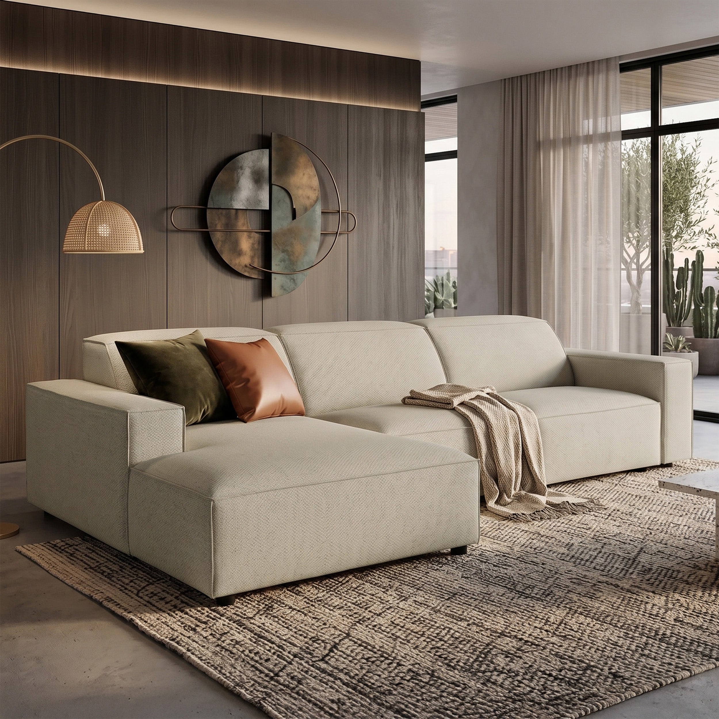 Modulares Ecksofa Sellmo L-förmig linksseitig, grau-beige, hydrophober Chenille