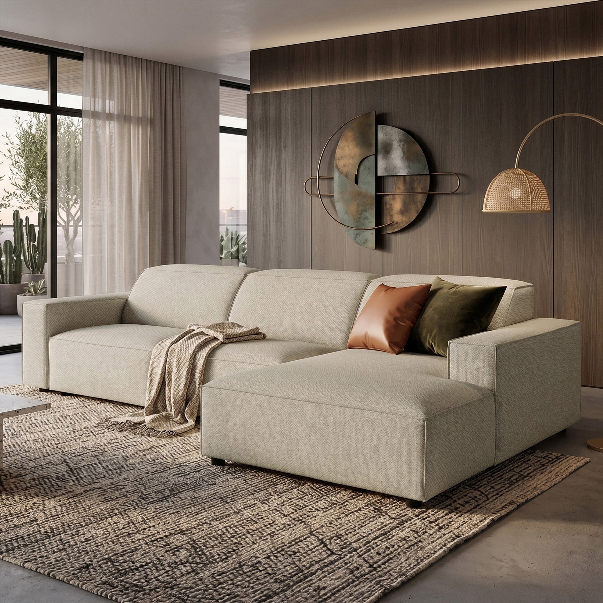 Modulares Ecksofa Sellmo, L-förmig, rechtsseitig, grau-beige, hydrophobes Chenille