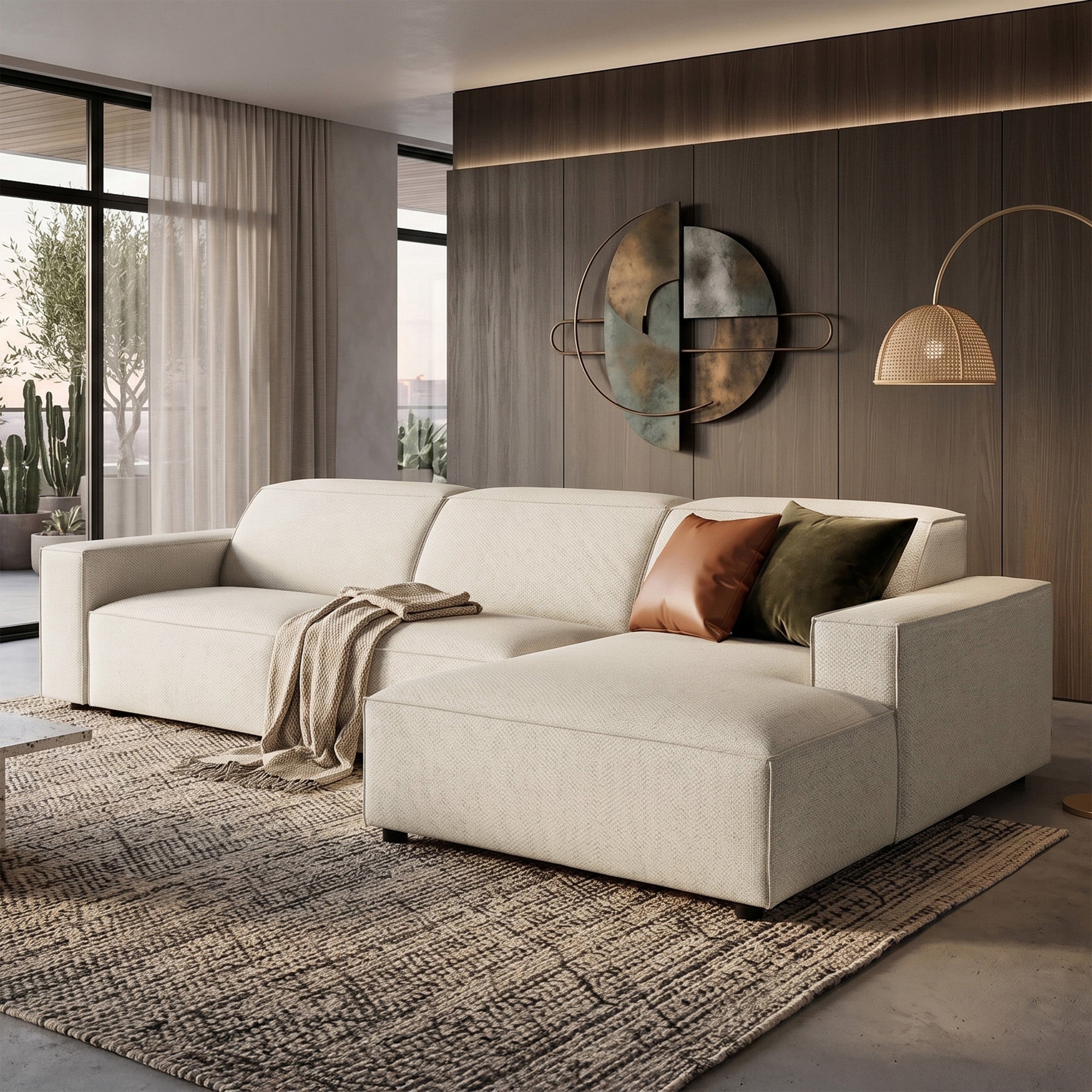 Modulares Ecksofa Sellmo, L-förmig, rechtsseitig, cremefarben, hydrophober Chenille-Stoff