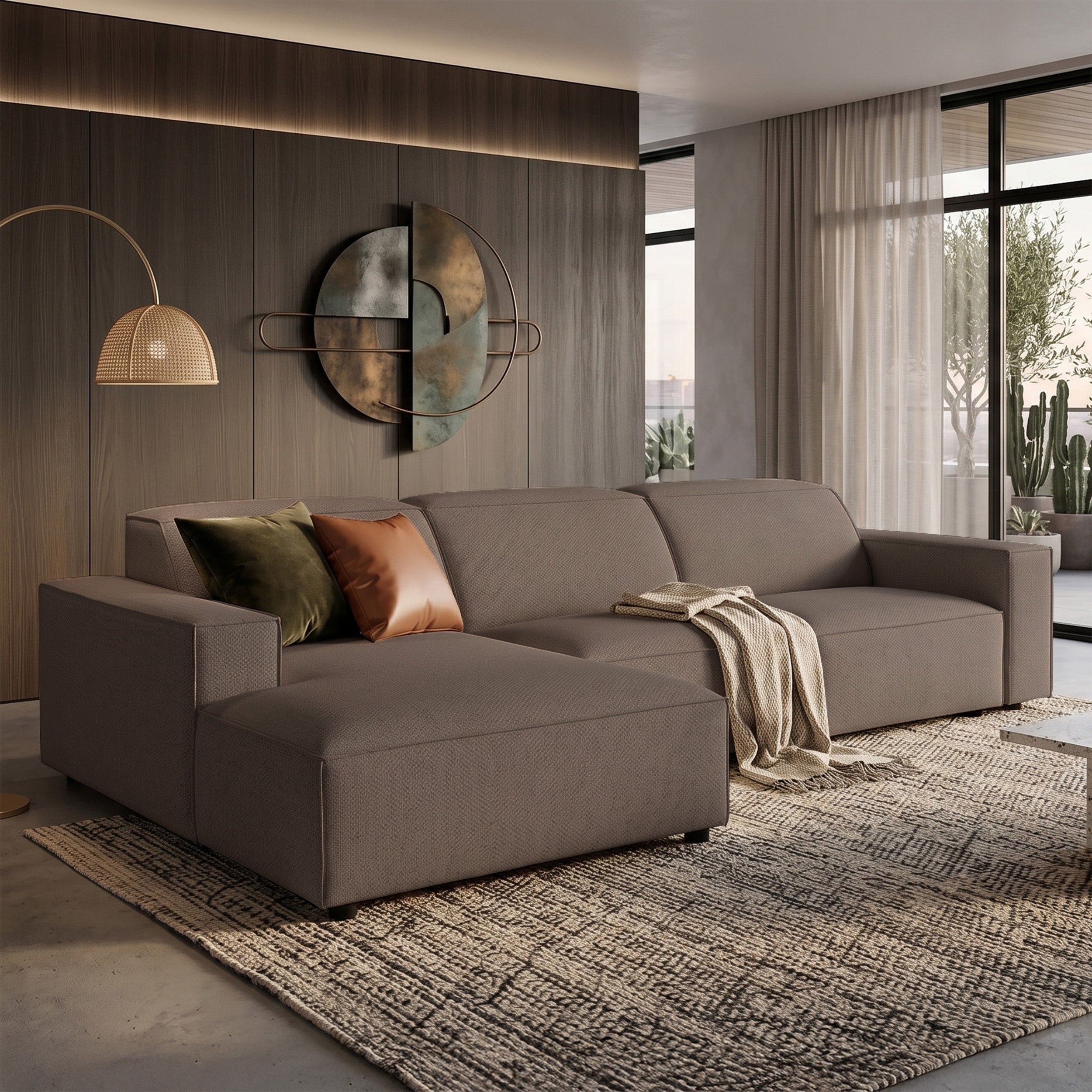 Modulares Ecksofa Sellmo, L-förmig, linksseitig, hellbrauner hydrophober Chenille-Stoff
