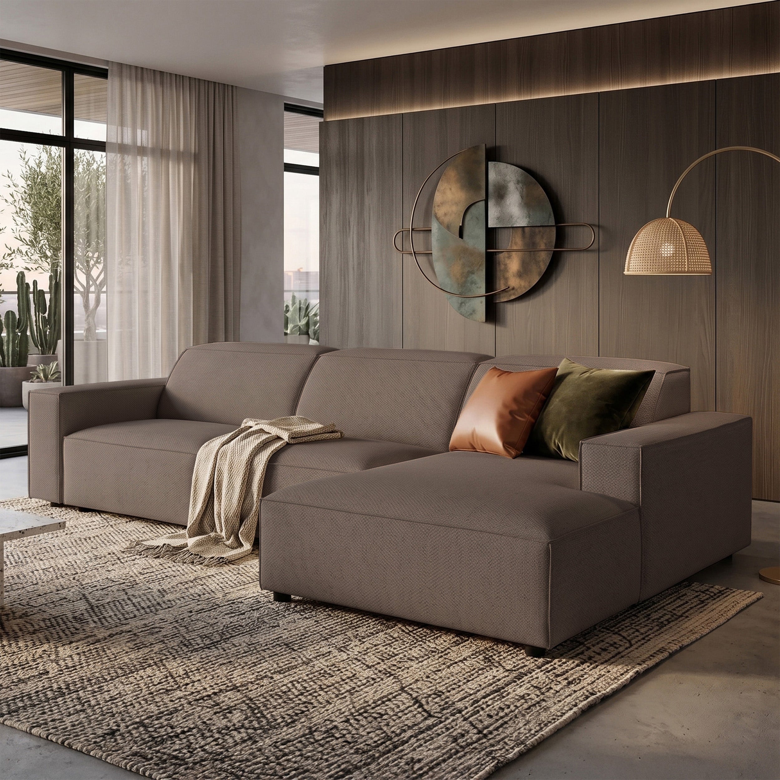 Modulares Ecksofa Sellmo, L-förmig, rechtsseitig, hellbrauner hydrophober Chenille-Stoff
