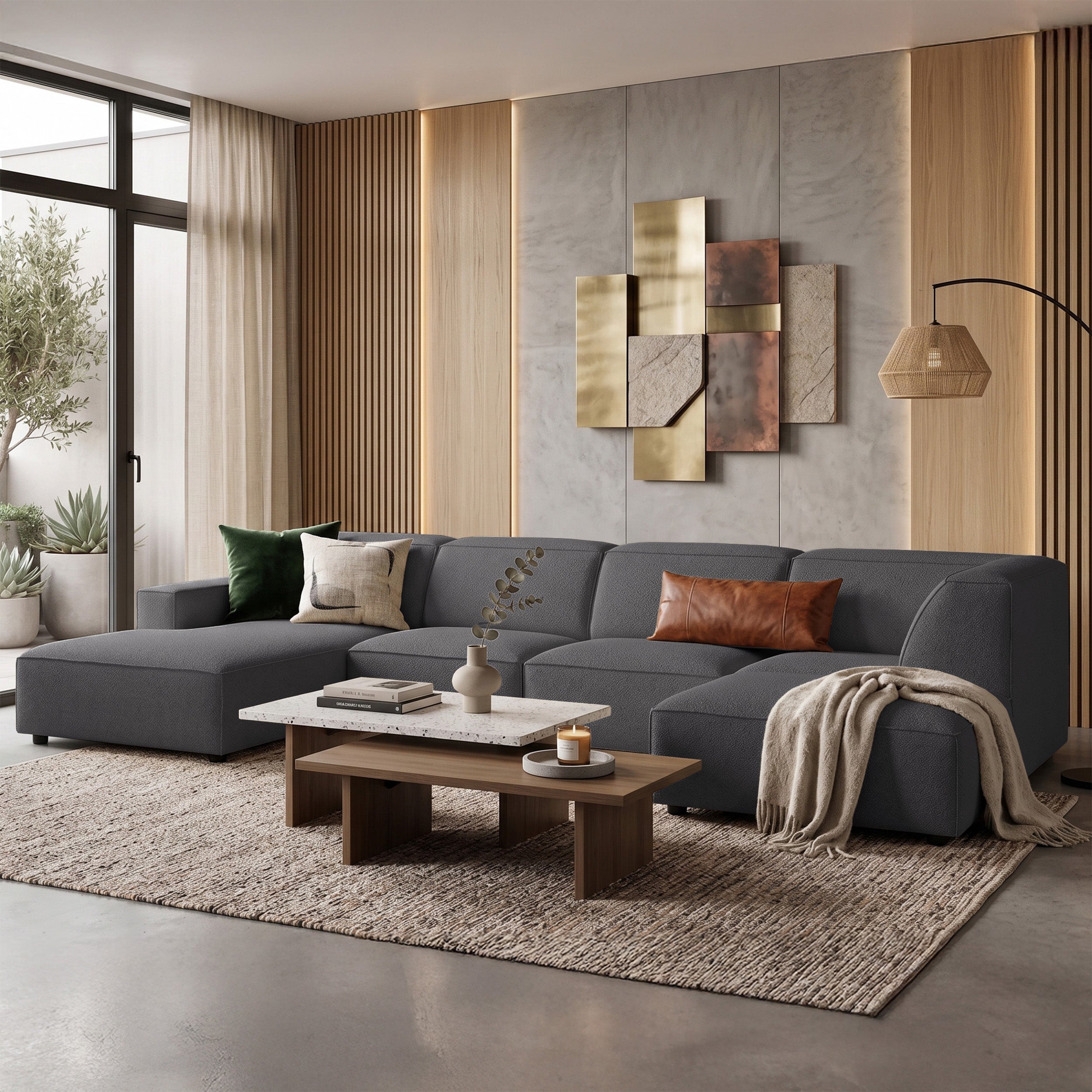 Großes U-förmiges modulares Ecksofa Sellmo mit Hocker, rechtsseitig, dunkelgrauer hydrophober Chenille-Stoff