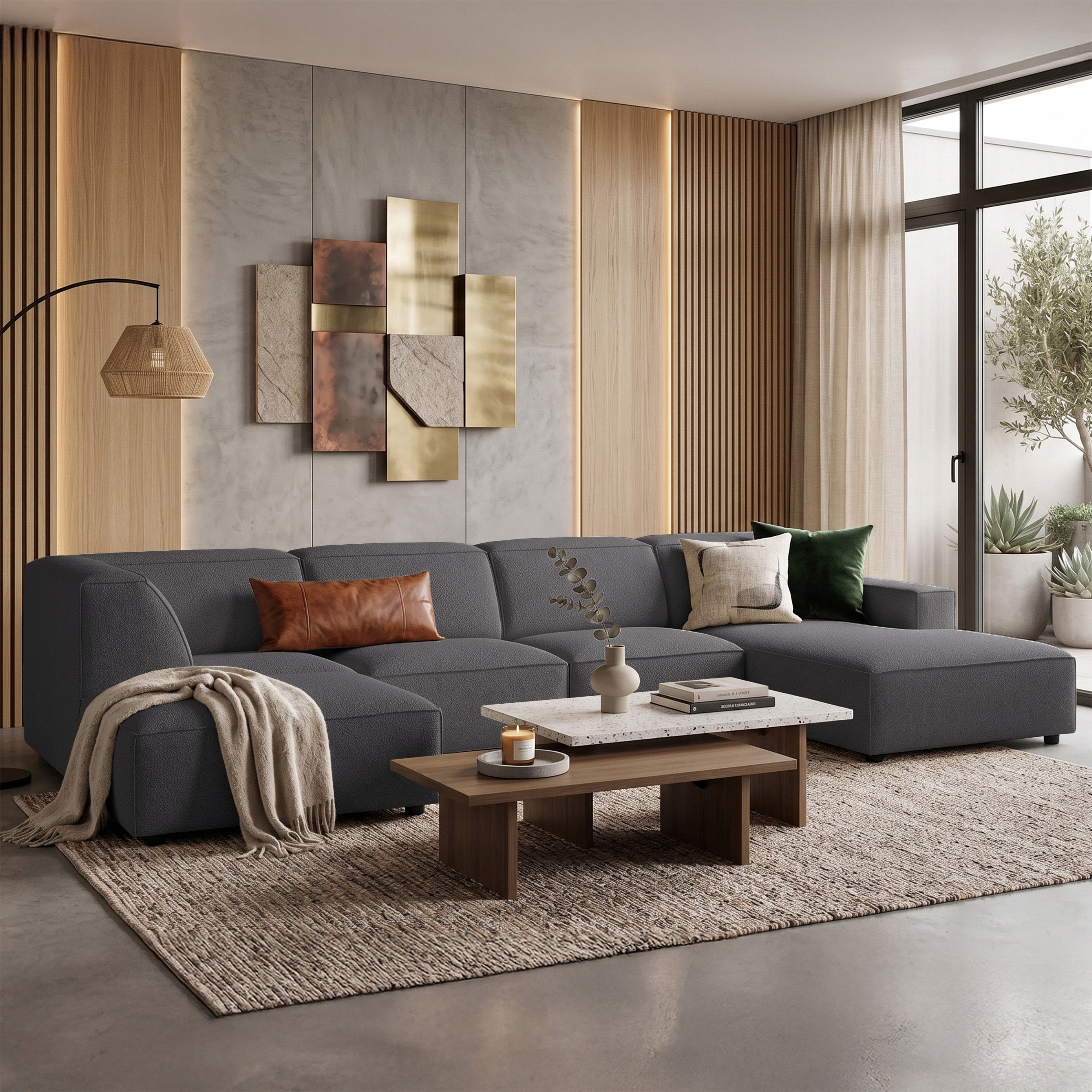 Großes U-förmiges modulares Ecksofa Sellmo mit linksseitigem Hocker, dunkelgrauer hydrofober Chenille-Stoff