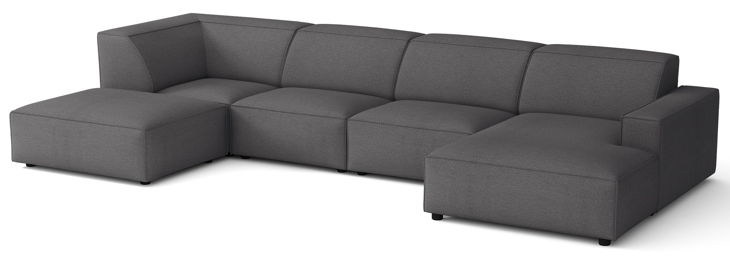Großes U-förmiges modulares Ecksofa Sellmo mit linksseitigem Hocker, dunkelgrauer hydrofober Chenille-Stoff