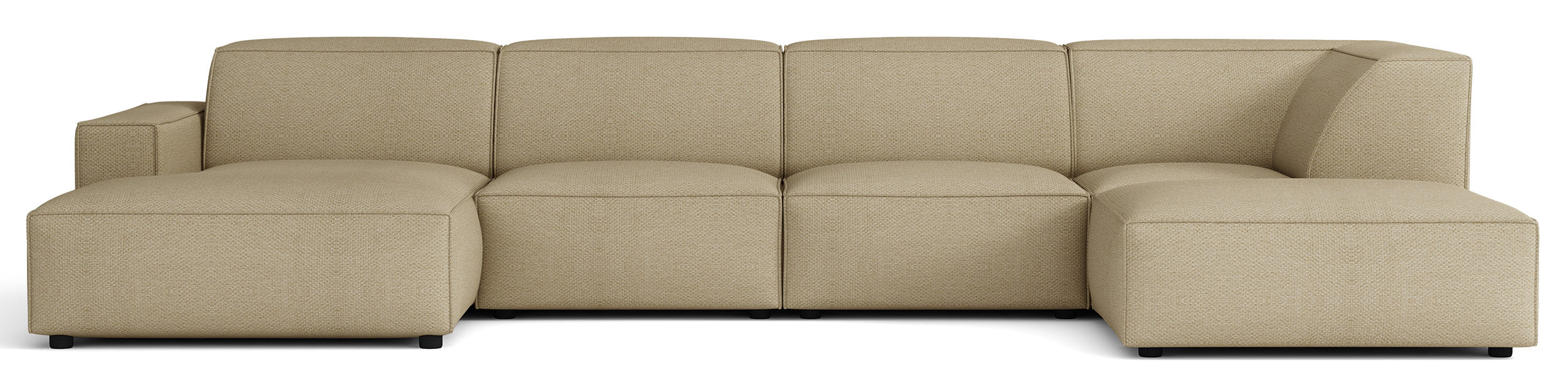Großes U-förmiges modulares Ecksofa Sellmo mit Pouf, rechtsseitig, dunkelbeige, hydrophobes Chenillegewebe
