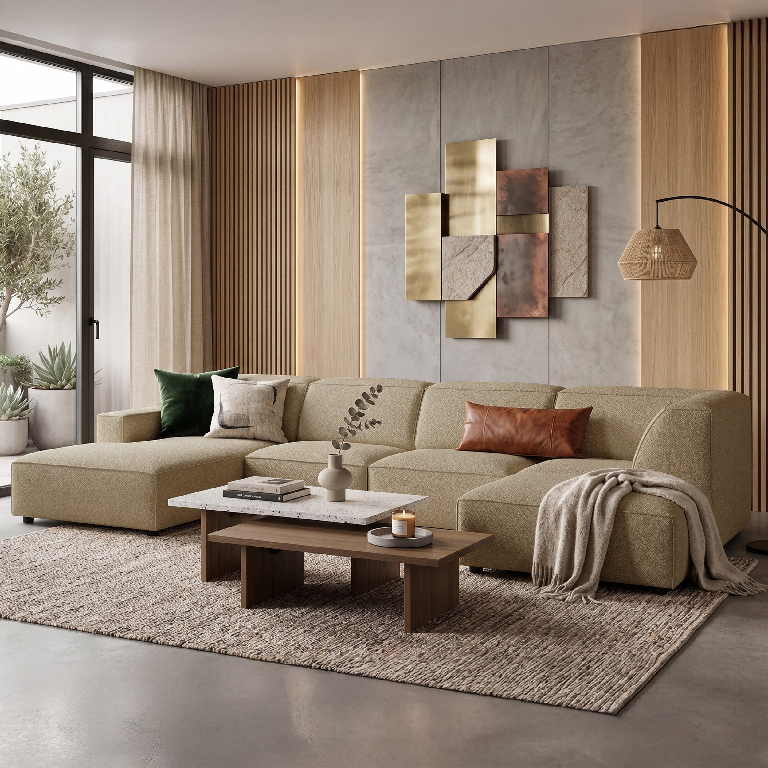 Großes U-förmiges modulares Ecksofa Sellmo mit Pouf, rechtsseitig, dunkelbeige, hydrophobes Chenillegewebe