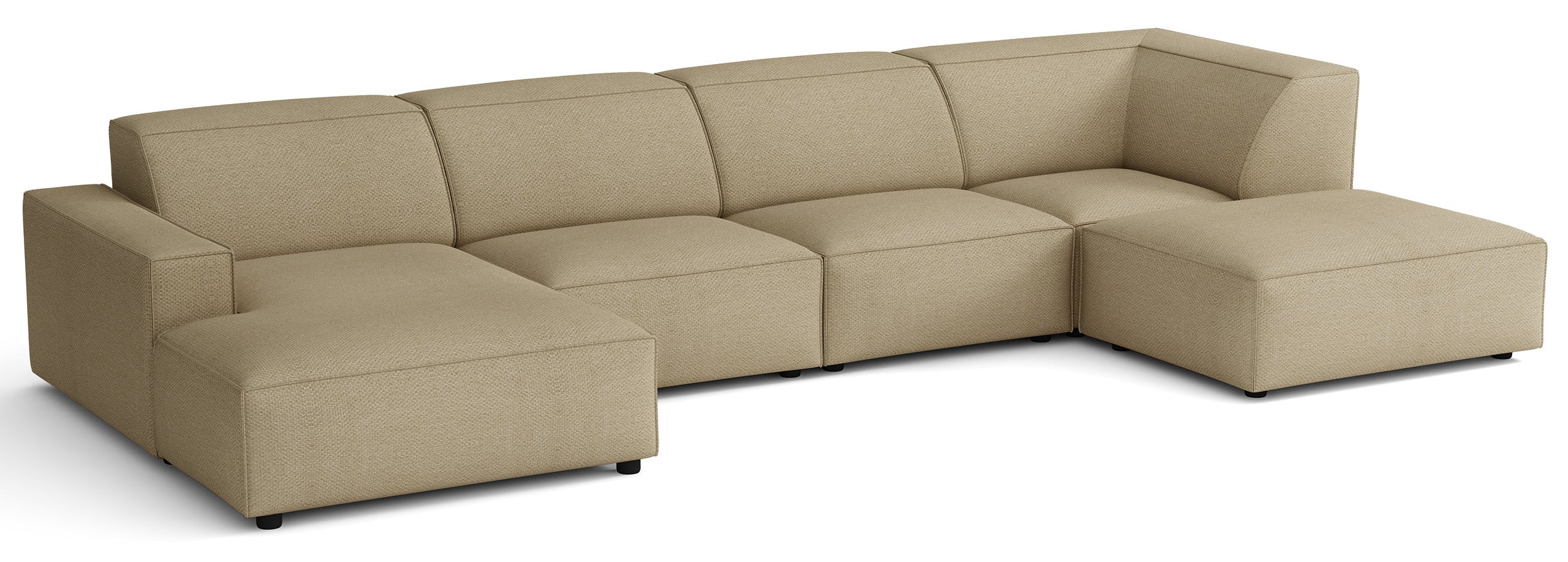 Großes U-förmiges modulares Ecksofa Sellmo mit Pouf, rechtsseitig, dunkelbeige, hydrophobes Chenillegewebe