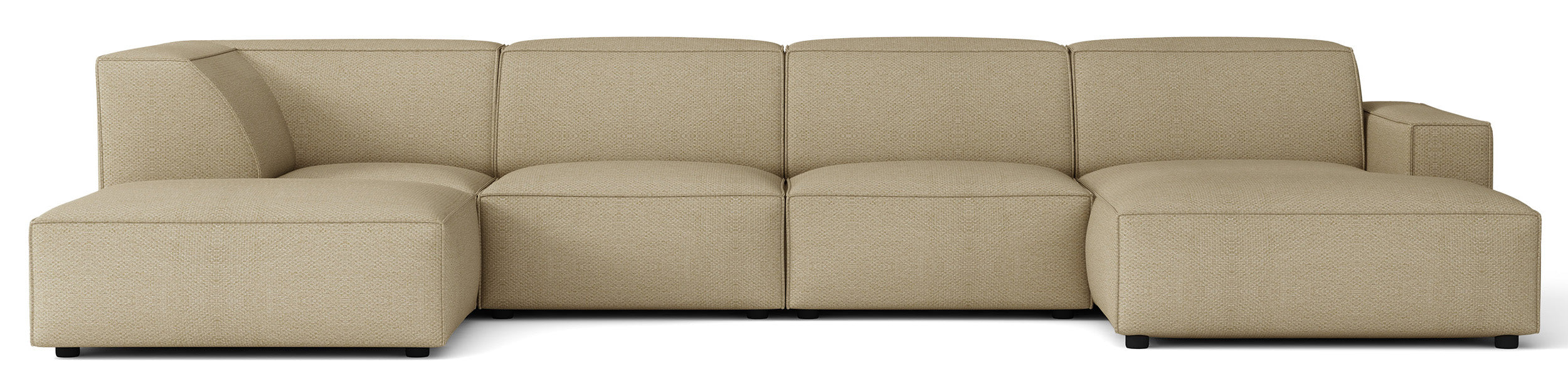 Großes U-förmiges modulares Ecksofa Sellmo mit Pouf, linksseitig, dunkelbeige, hydrophobes Chenille