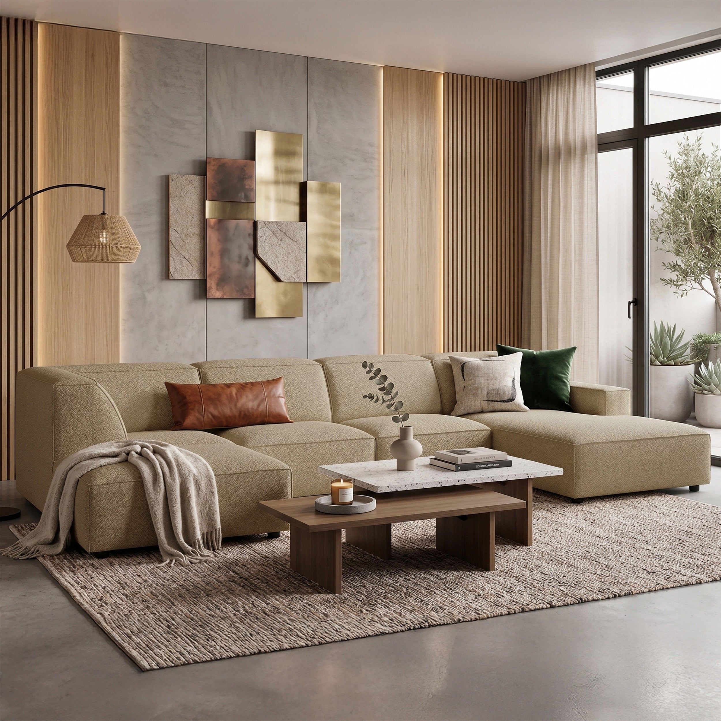 Großes U-förmiges modulares Ecksofa Sellmo mit Pouf, linksseitig, dunkelbeige, hydrophobes Chenille