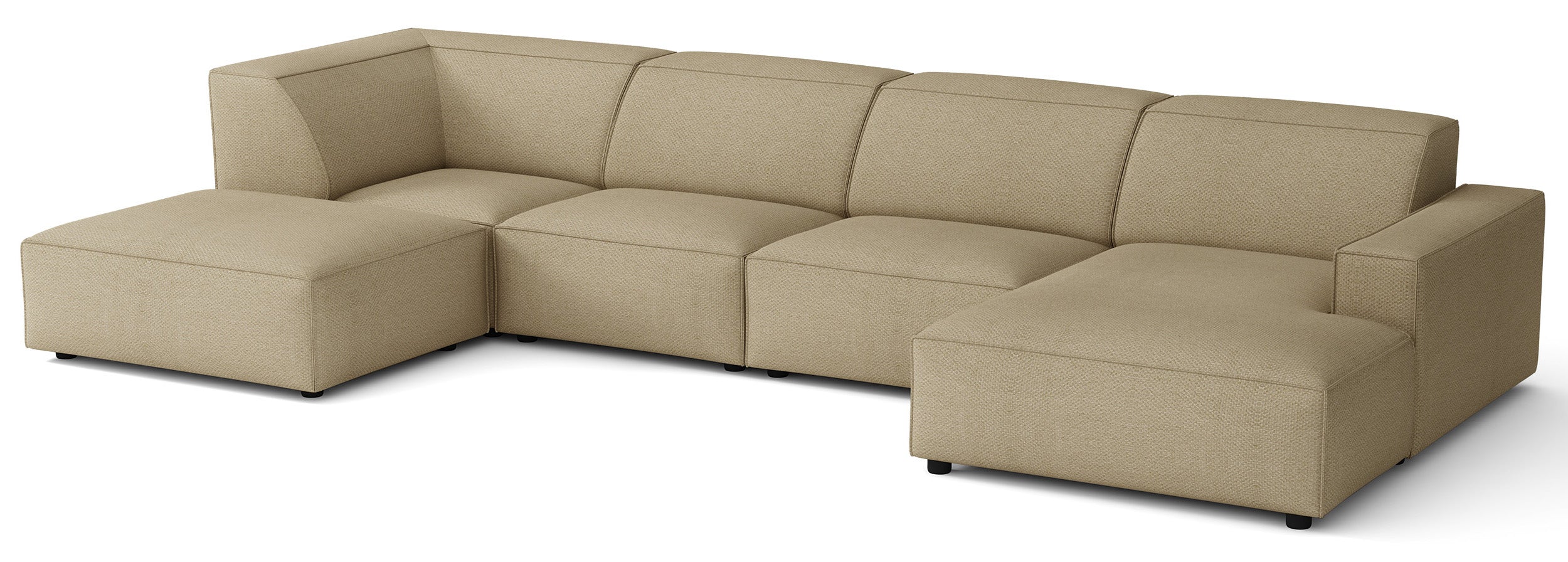 Großes U-förmiges modulares Ecksofa Sellmo mit Pouf, linksseitig, dunkelbeige, hydrophobes Chenille