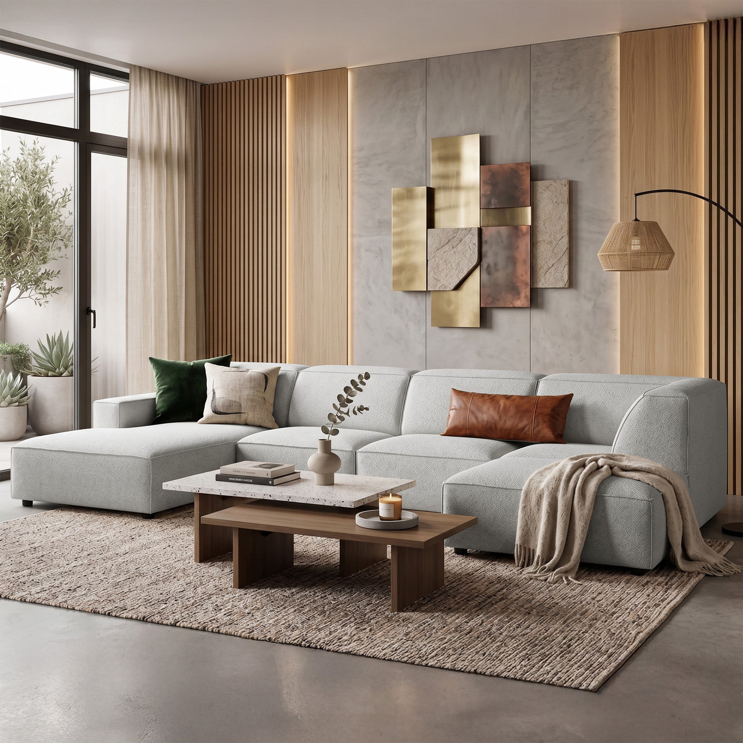 Großes U-förmiges modulares Ecksofa Sellmo mit Pouf, rechtsseitig, hellgrauer hydrophober Chenille-Stoff