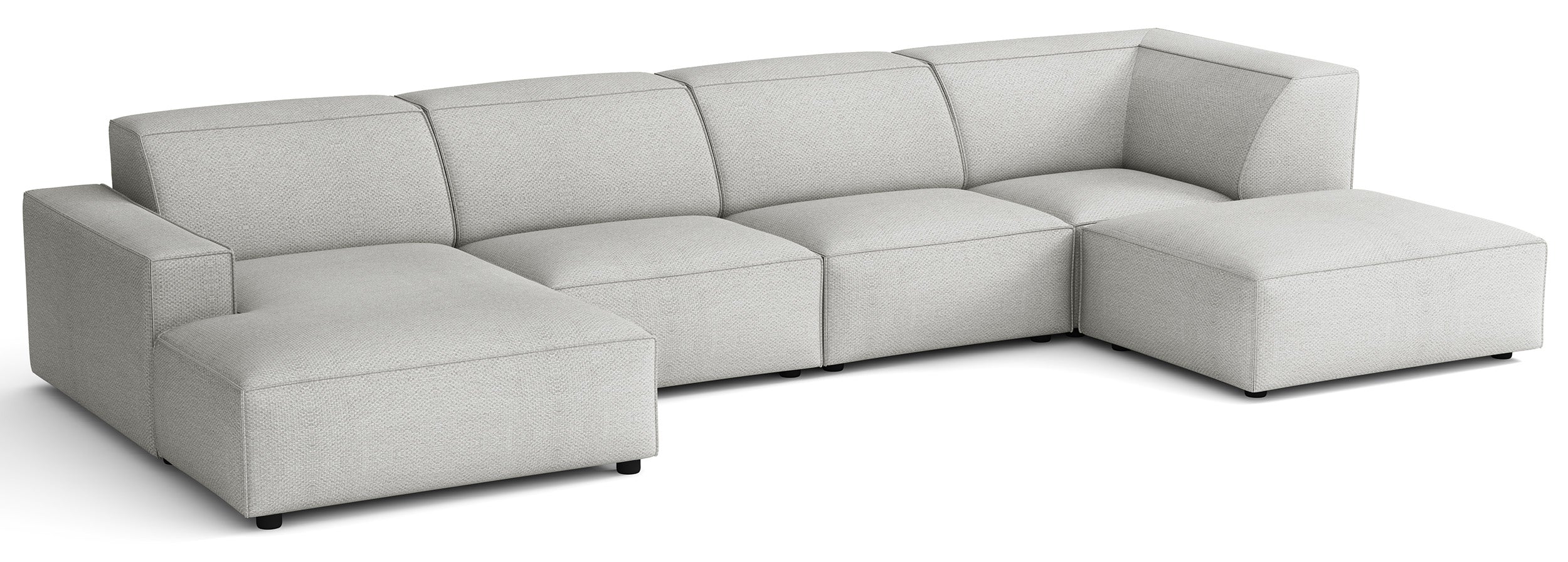 Großes U-förmiges modulares Ecksofa Sellmo mit Pouf, rechtsseitig, hellgrauer hydrophober Chenille-Stoff