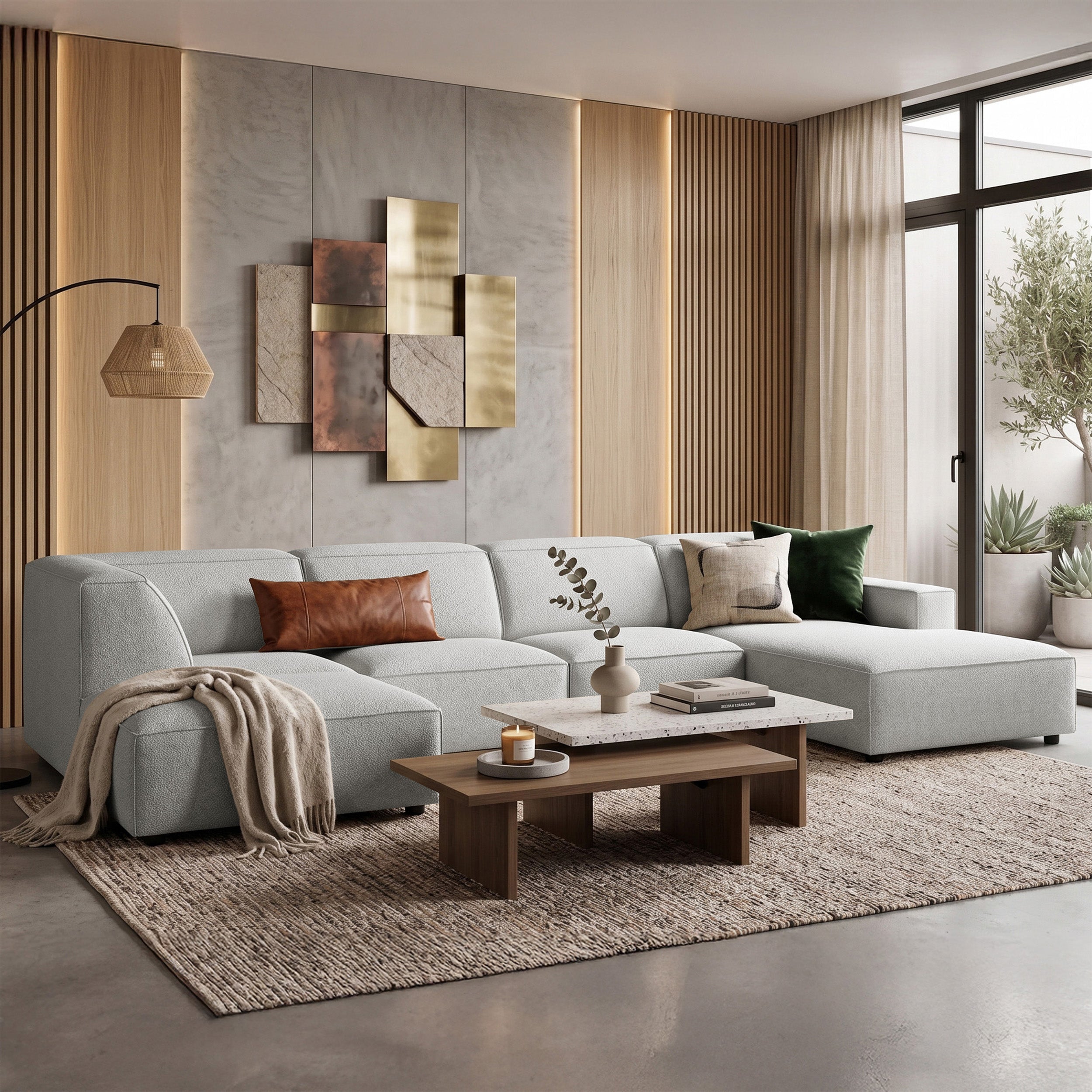 Großes U-förmiges modulares Ecksofa Sellmo mit Hocker, linksseitig, hellgrauer hydrophober Chenille-Stoff