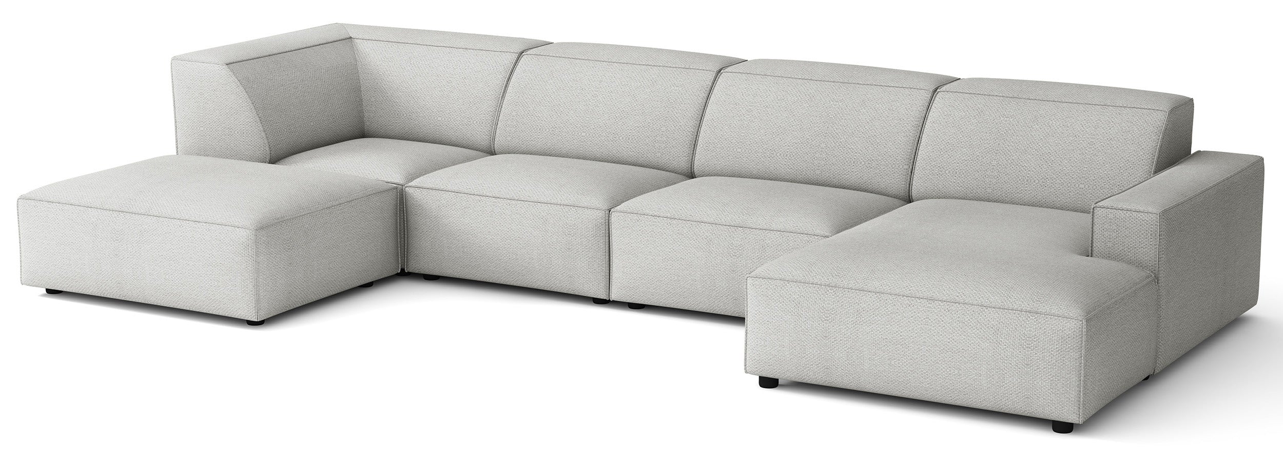 Großes U-förmiges modulares Ecksofa Sellmo mit Hocker, linksseitig, hellgrauer hydrophober Chenille-Stoff