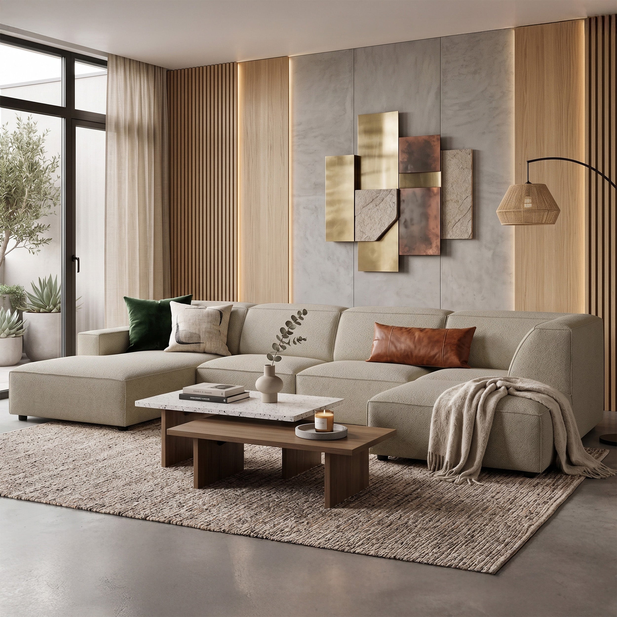 Großes, rechtseitiges U-förmiges Sellmo Modulsofa mit Hocker, grau-beige, hydrophobes Chenillegewebe