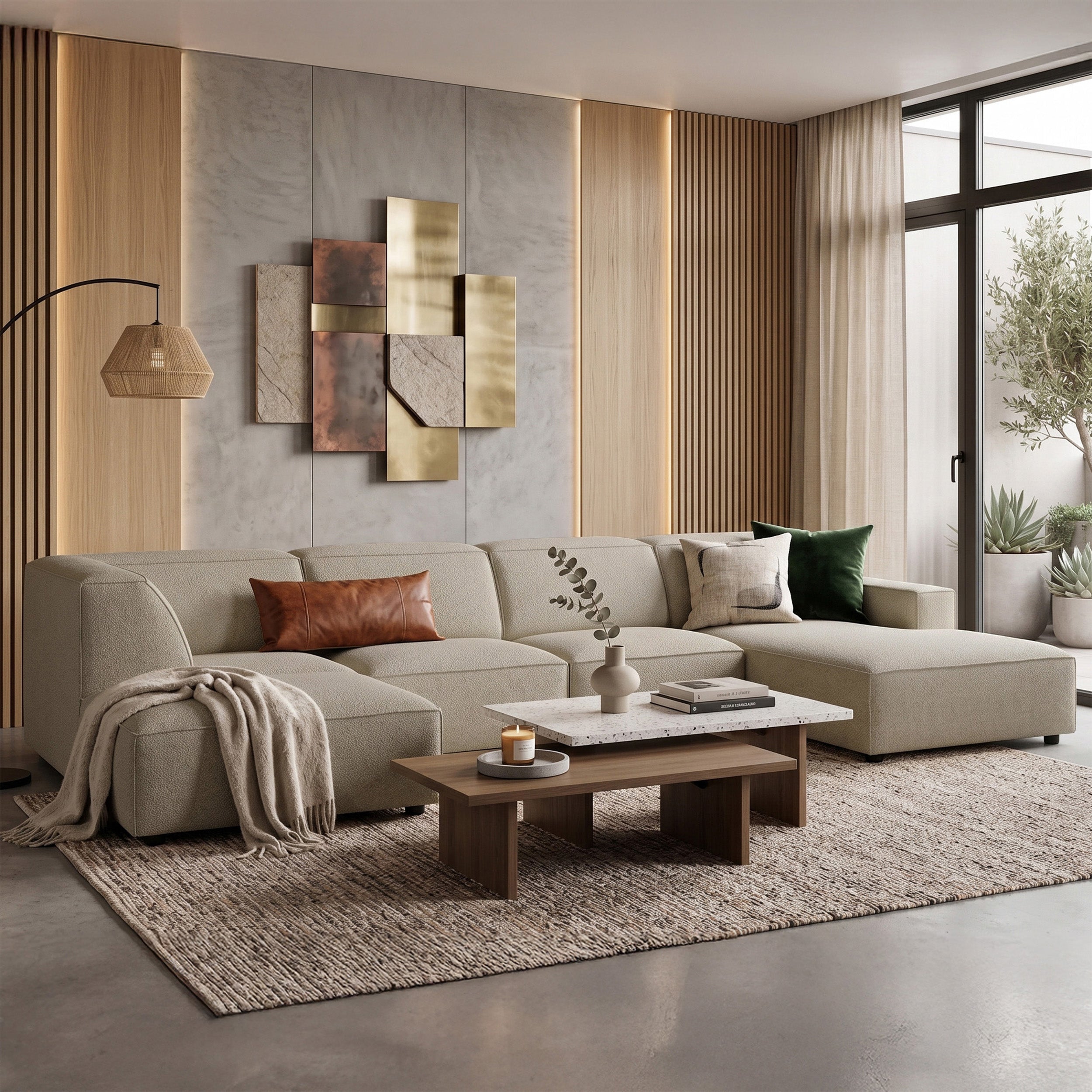 Großes, linksseitiges U-förmiges Modul-Ecksofa Sellmo mit Hocker, grau-beige, hydrofober Chenille-Stoff