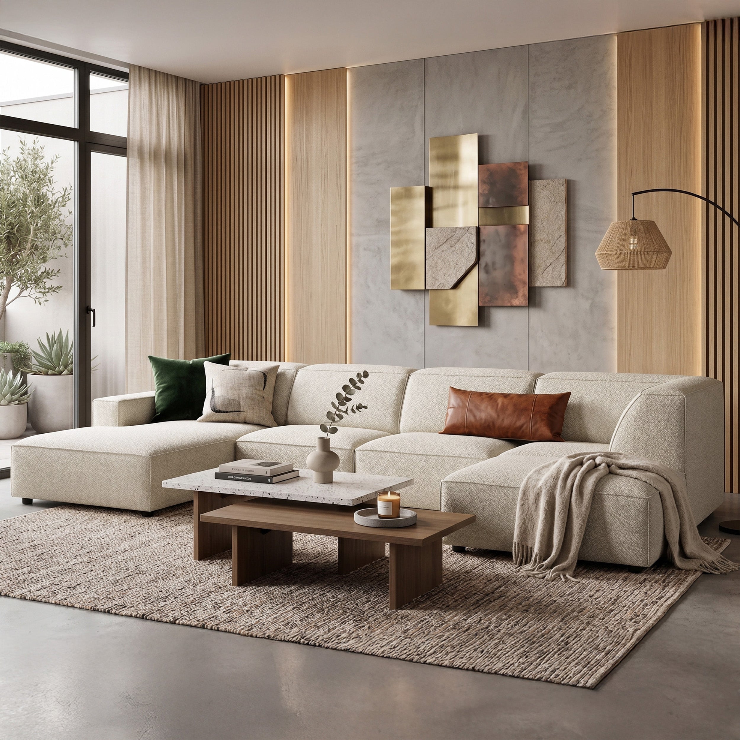 Großes U-förmiges modulares Ecksofa Sellmo mit rechter Ottomane, cremefarbener hydrophober Chenille-Stoff