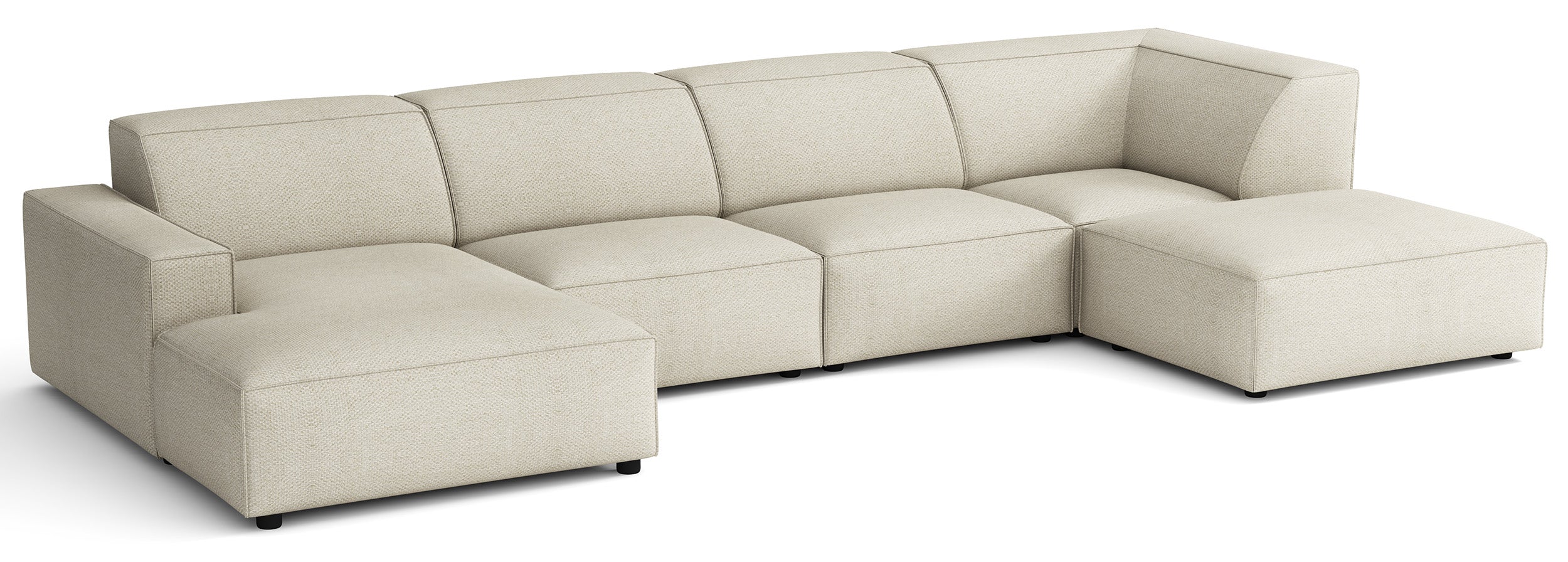Großes U-förmiges modulares Ecksofa Sellmo mit rechter Ottomane, cremefarbener hydrophober Chenille-Stoff