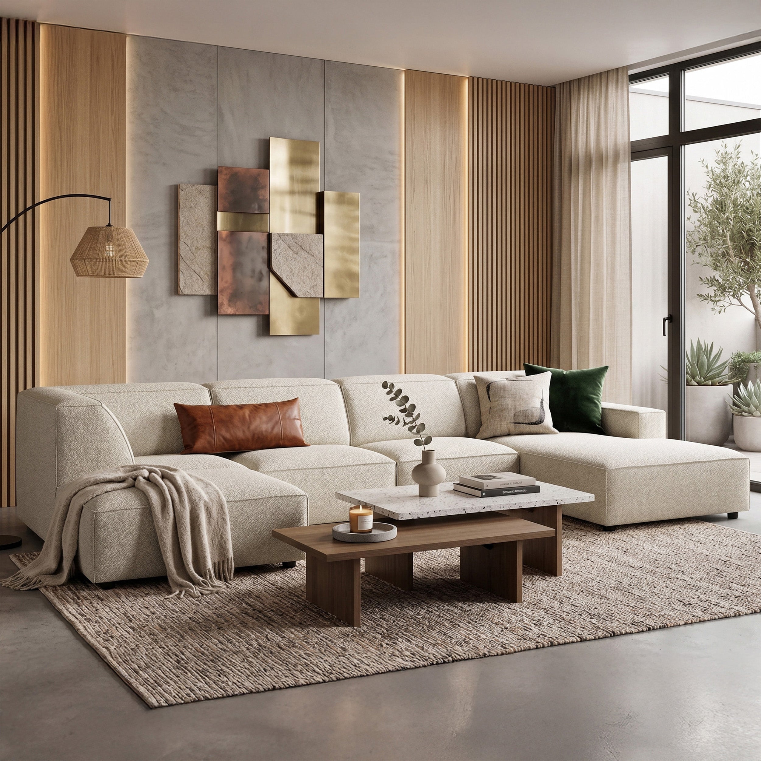 Großes U-förmiges modulares Ecksofa Sellmo mit Hocker, linksseitig, kremfarben, hydrophobes Chenille