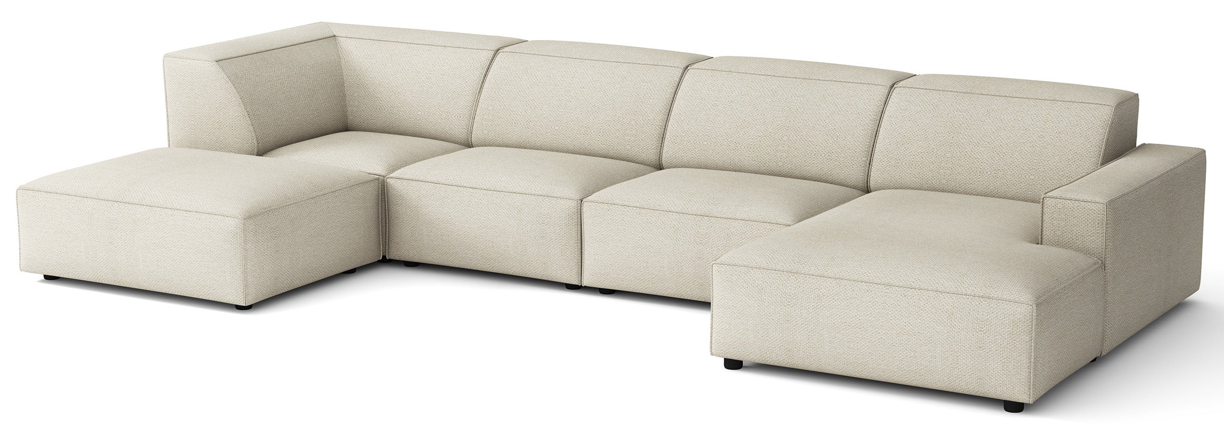 Großes U-förmiges modulares Ecksofa Sellmo mit Hocker, linksseitig, kremfarben, hydrophobes Chenille