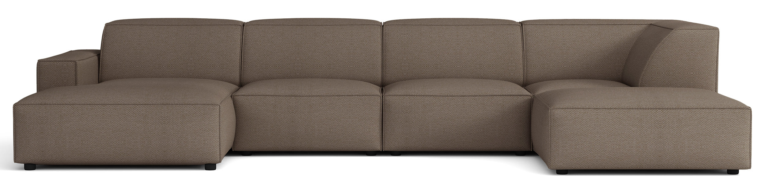 Großes U-förmiges modulares Ecksofa Sellmo mit Hocker, rechtsseitig, hellbrauner hydrophober Chenille-Stoff