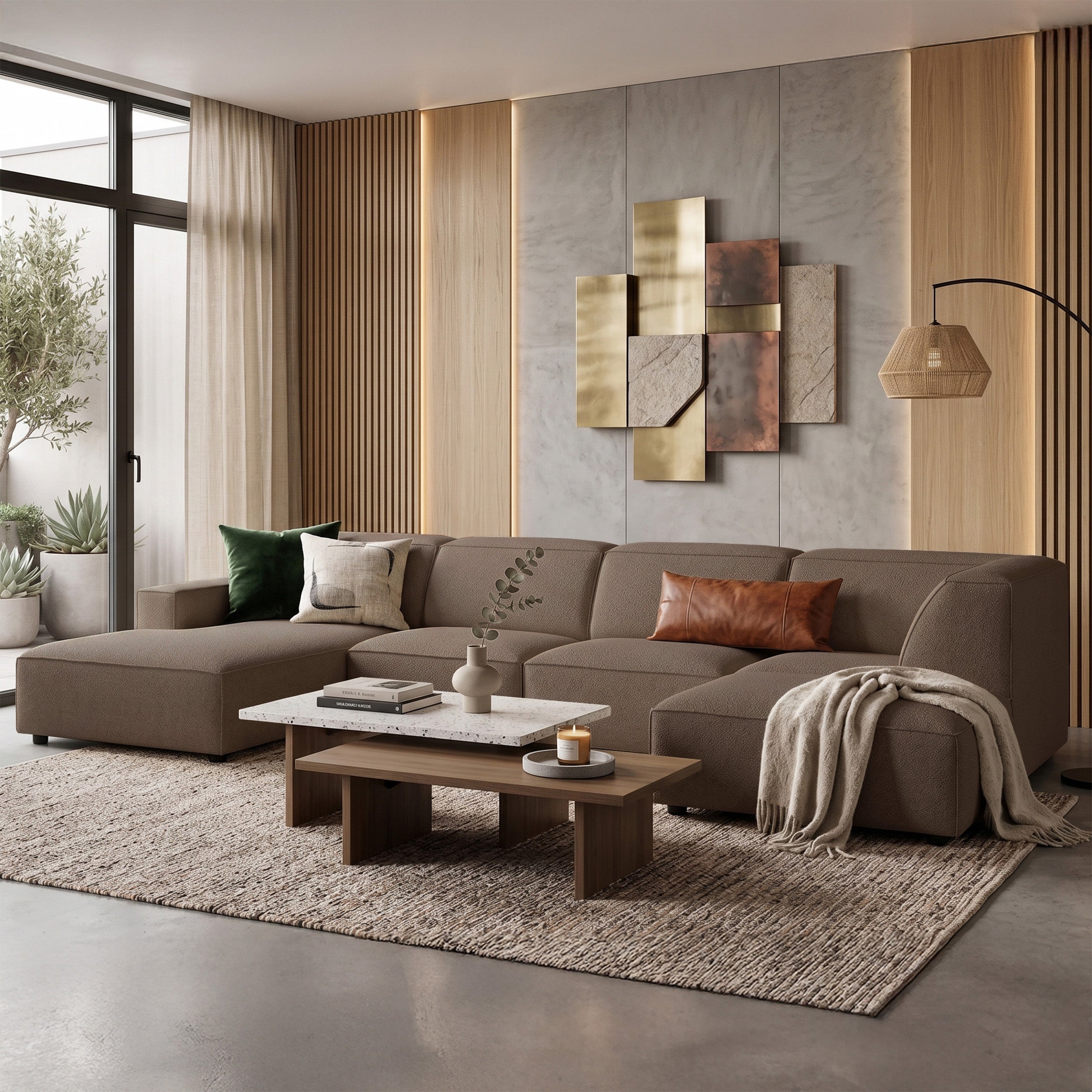 Großes U-förmiges modulares Ecksofa Sellmo mit Hocker, rechtsseitig, hellbrauner hydrophober Chenille-Stoff