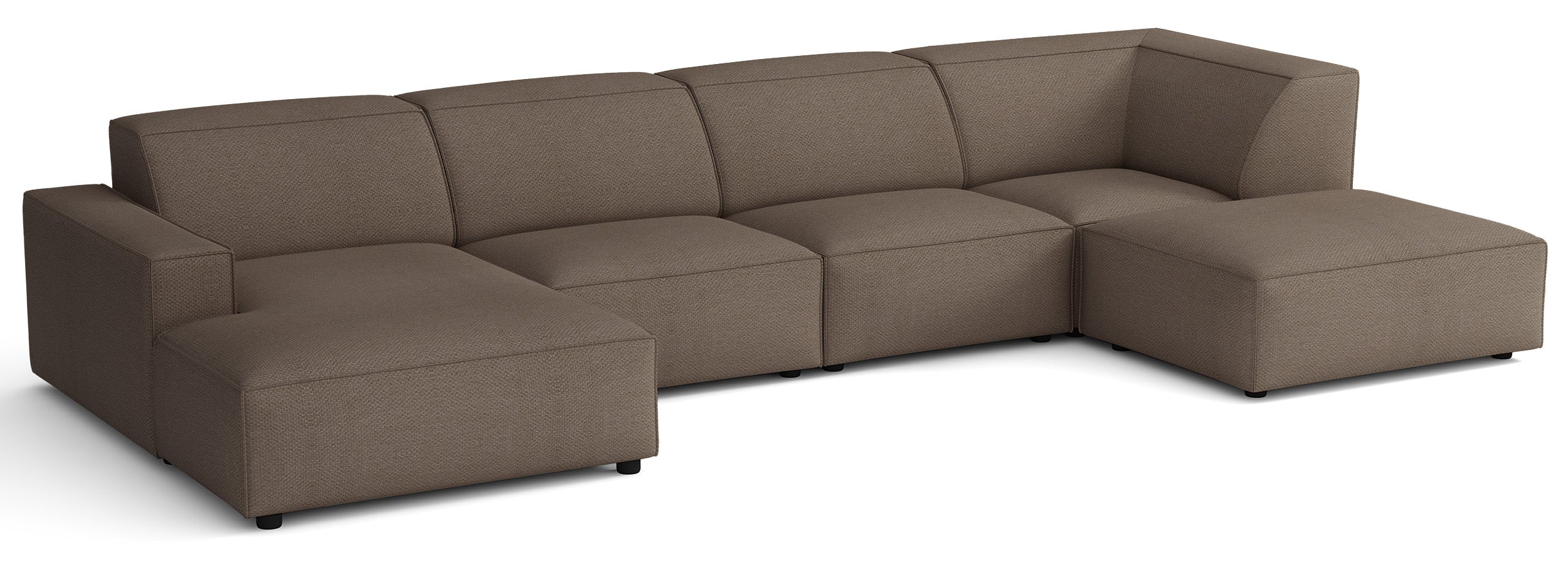 Großes U-förmiges modulares Ecksofa Sellmo mit Hocker, rechtsseitig, hellbrauner hydrophober Chenille-Stoff