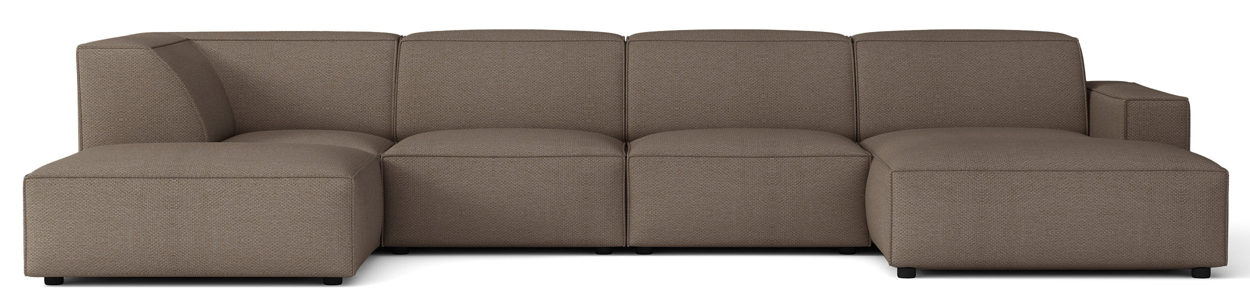 Großes U-förmiges modulares Ecksofa Sellmo mit Hocker, linksseitig, hellbrauner hydrophober Chenille-Stoff