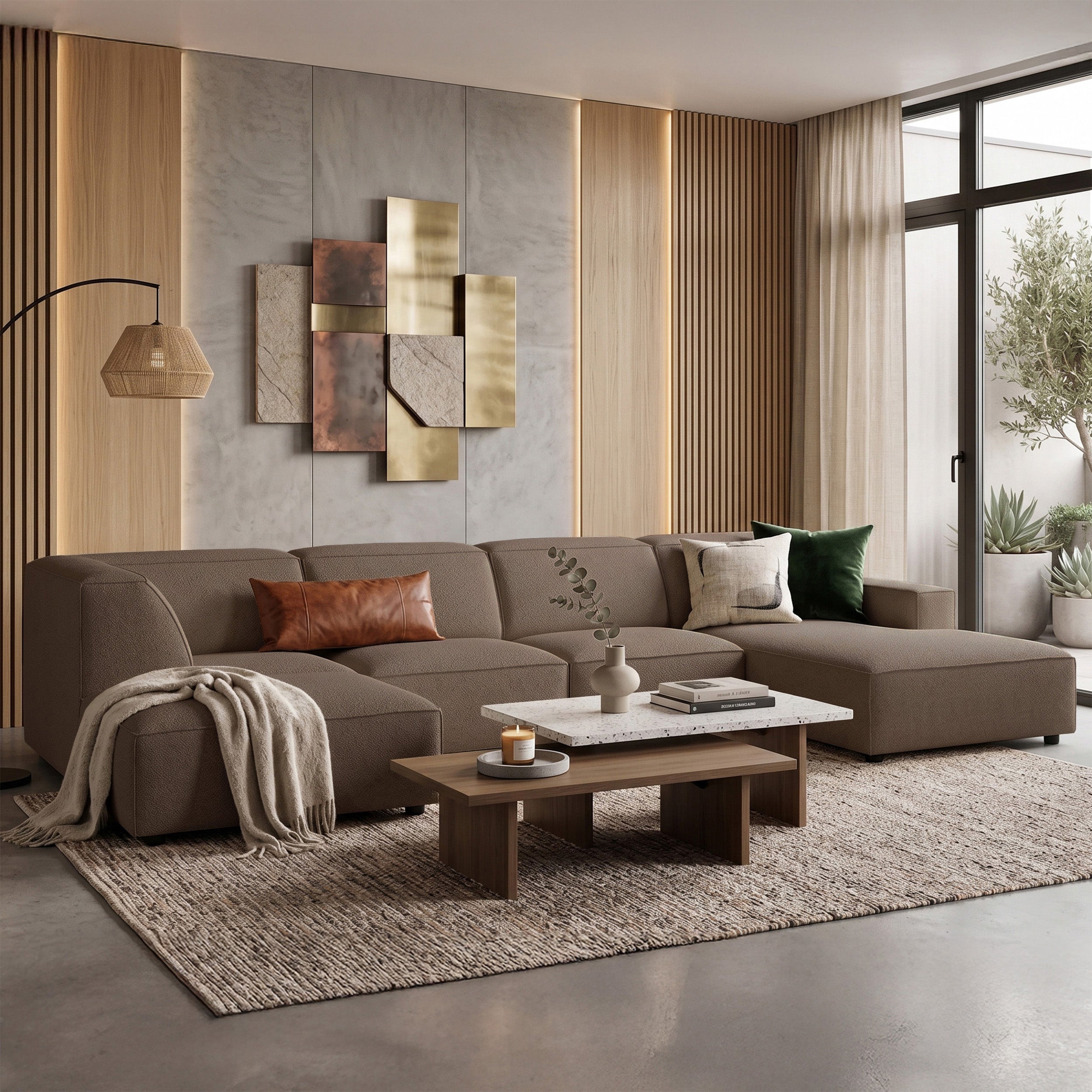 Großes U-förmiges modulares Ecksofa Sellmo mit Hocker, linksseitig, hellbrauner hydrophober Chenille-Stoff
