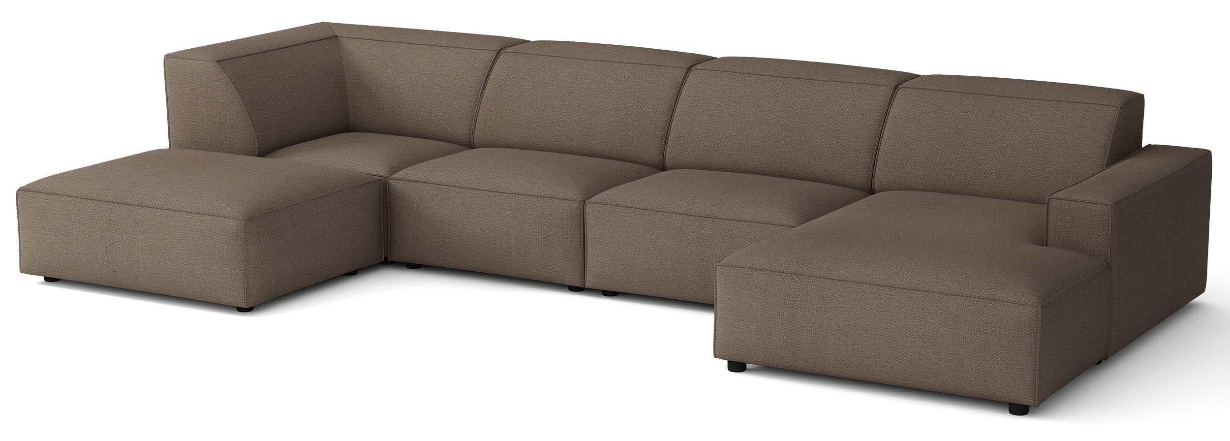 Großes U-förmiges modulares Ecksofa Sellmo mit Hocker, linksseitig, hellbrauner hydrophober Chenille-Stoff
