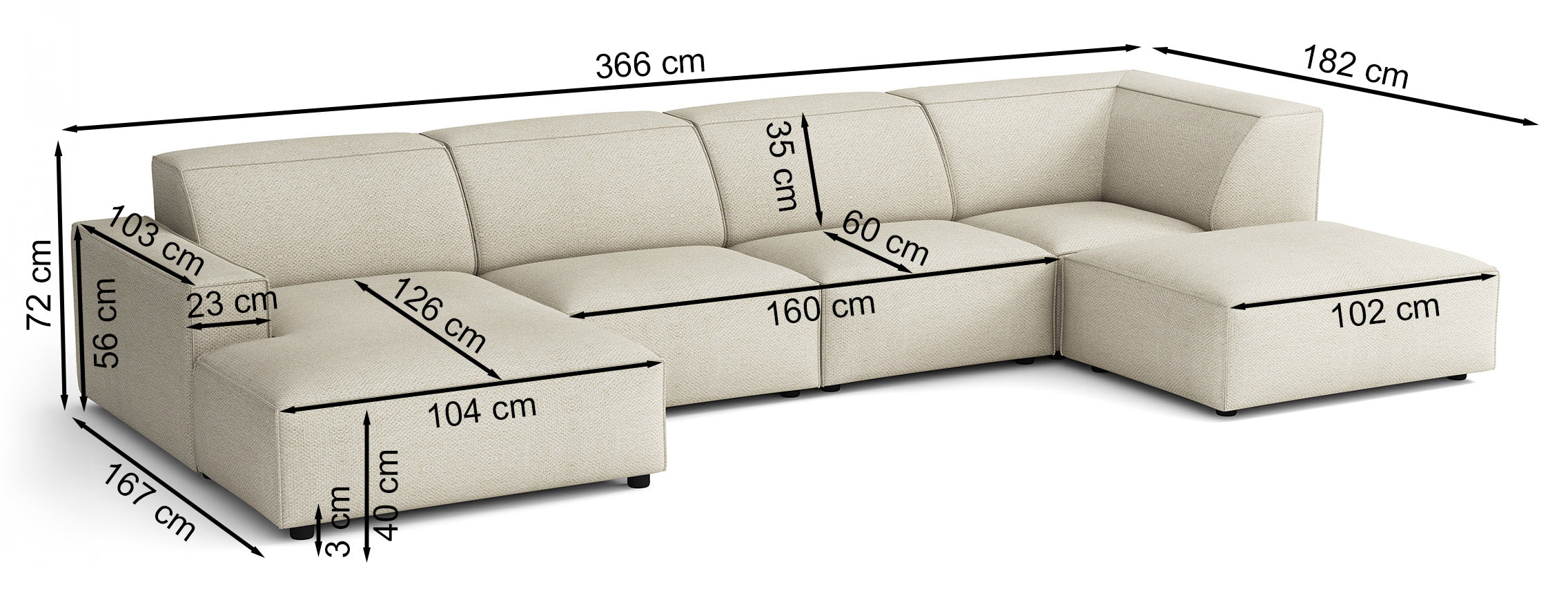 Großes U-förmiges modulares Ecksofa Sellmo mit Hocker, linksseitig, kremfarben, hydrophobes Chenille
