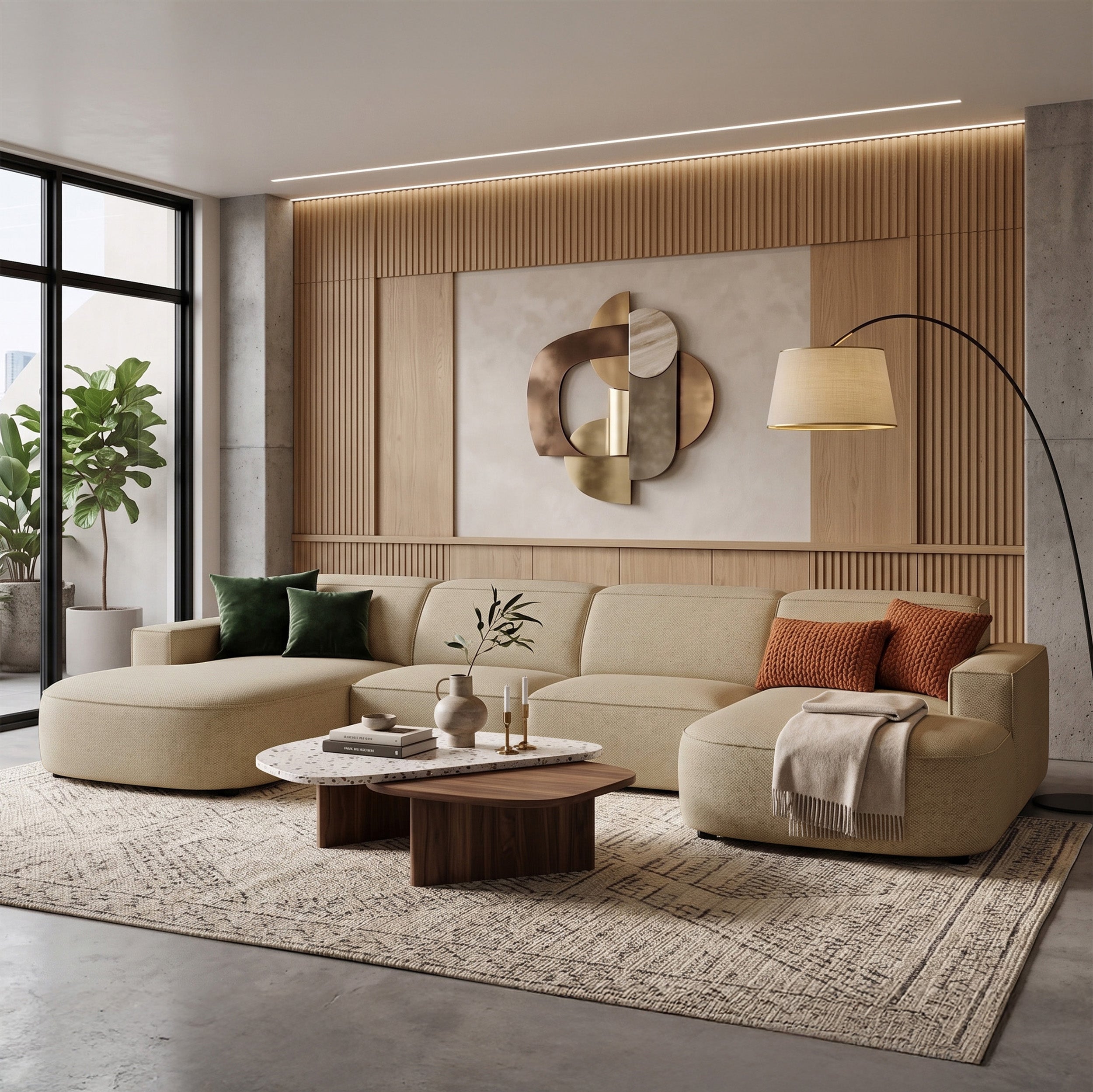 Modulares Ecksofa Sallmo U-förmig universal, dunkelbeige, hydrophober Chenillestoff