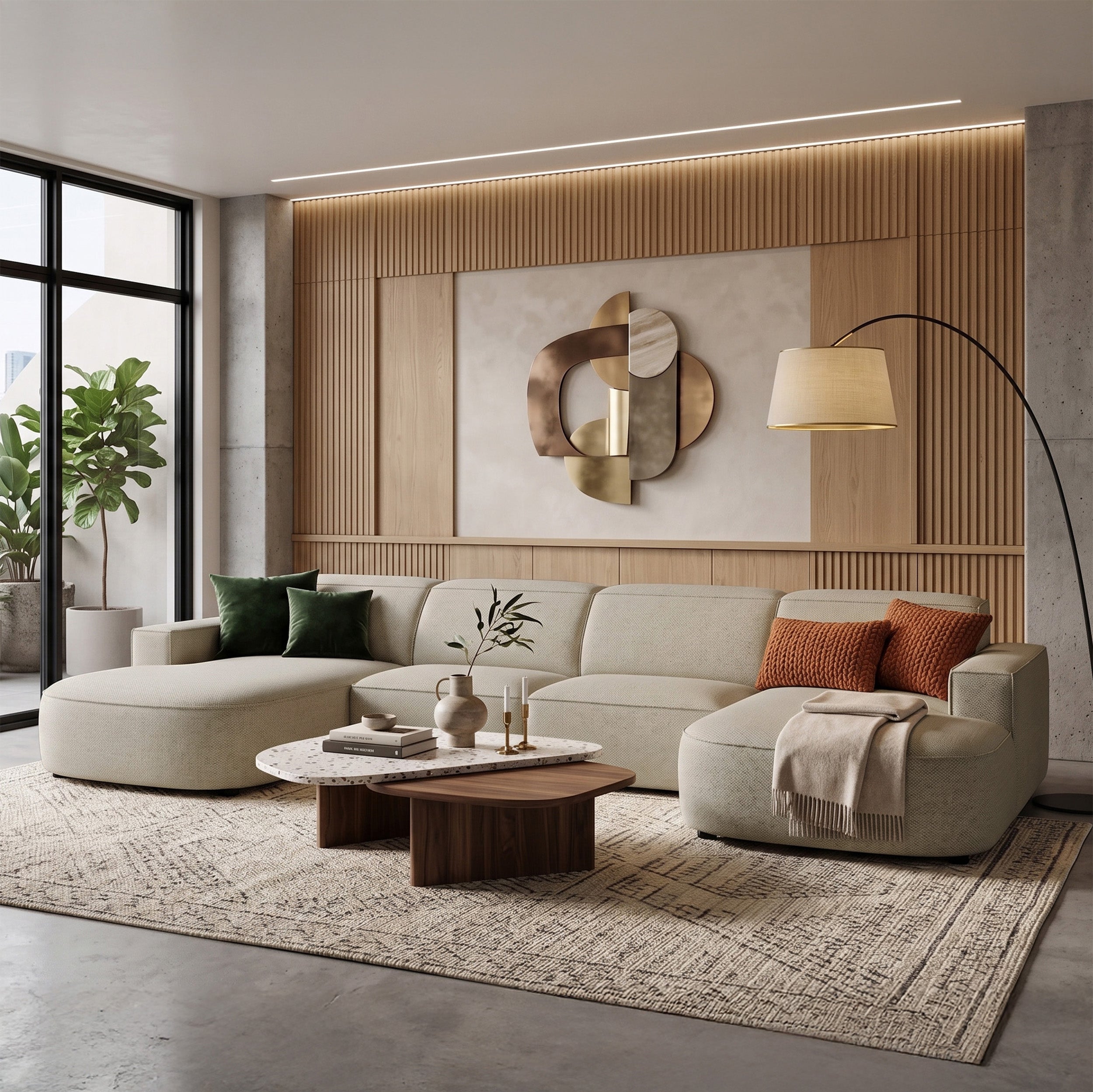 Modulares Ecksofa Sallmo U-förmig universell in grau-beigem hydrophobem Chenillestoff