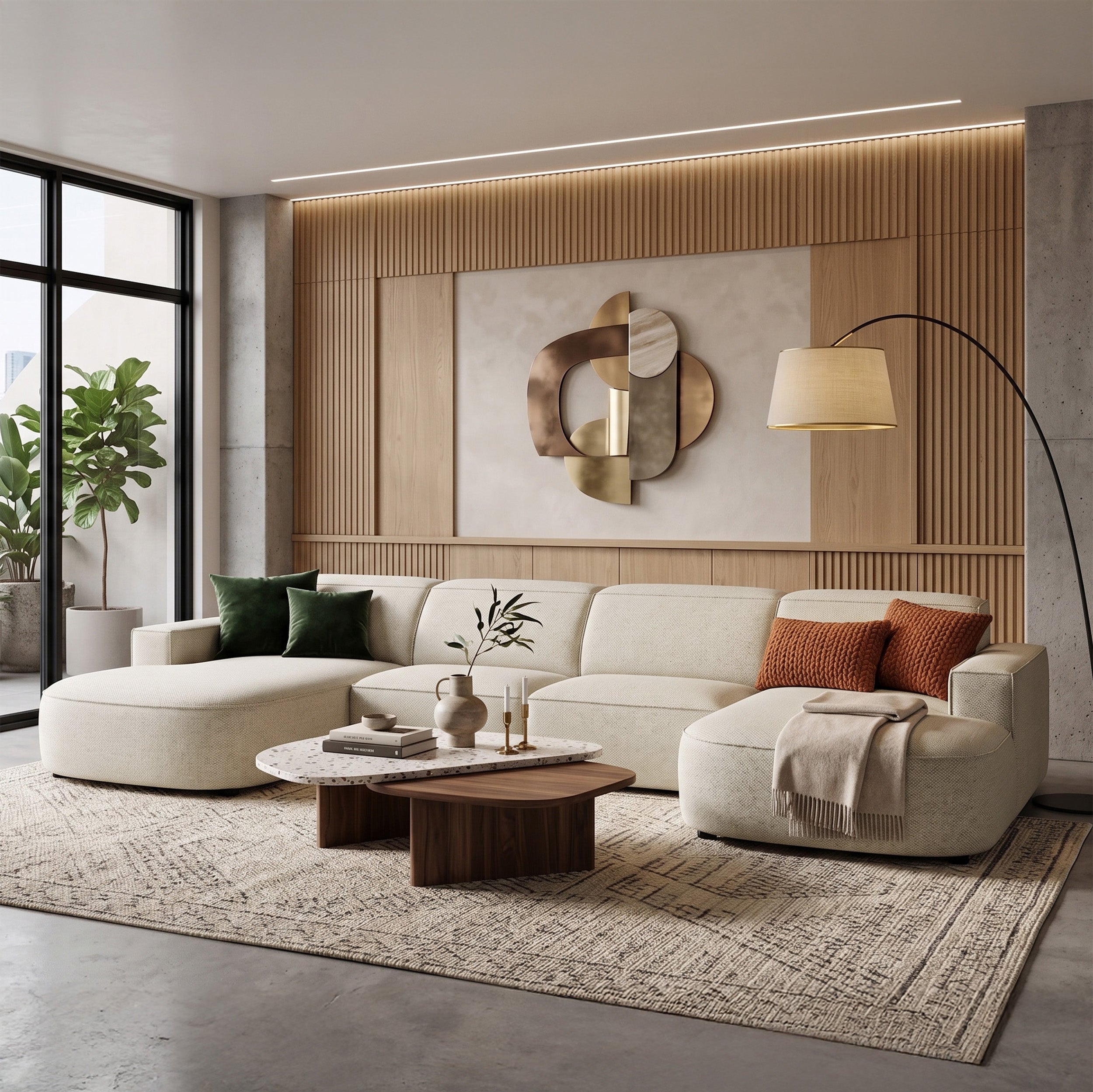 Modulares Ecksofa Sallmo U-förmig universell cremefarben, hydrophober Chenillestoff