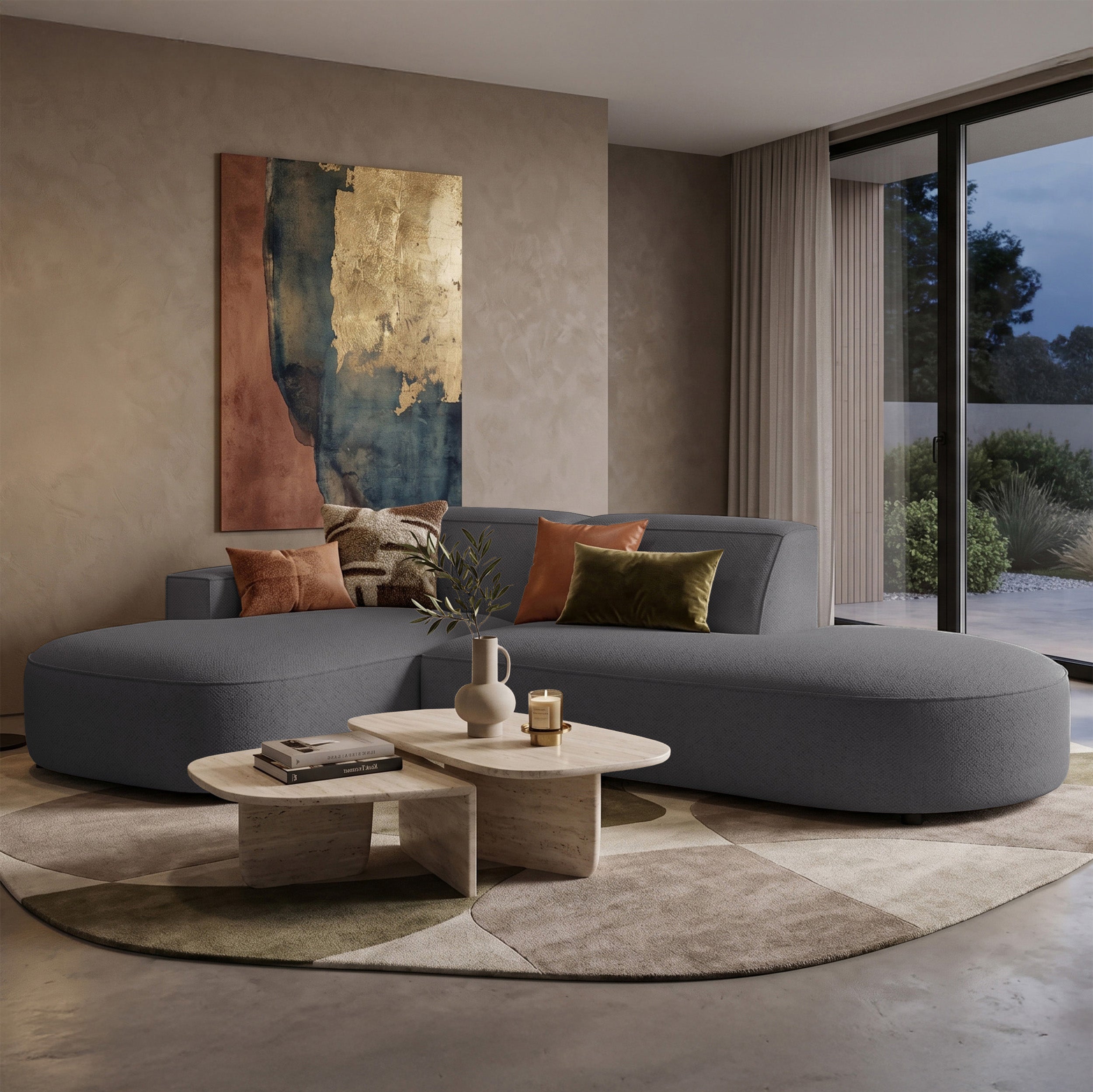 Modulares Ecksofa Sallmo L-förmig klein, linksseitig, dunkelgrauer hydrophober Chenille-Stoff