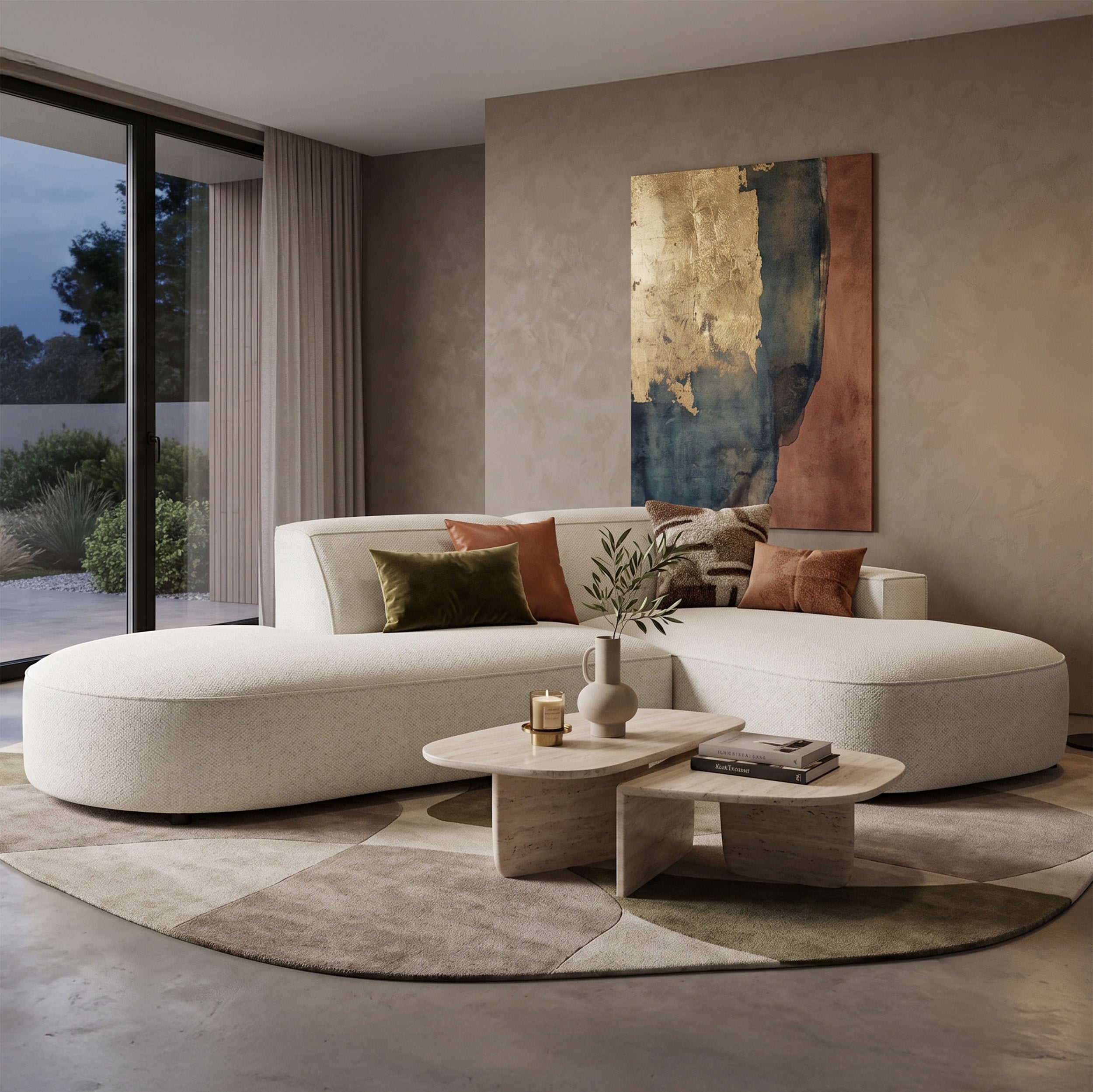 Modulares Ecksofa Sallmo, kleines L-förmiges, rechtsseitiges Modell, cremefarben, hydrophober Chenille-Stoff