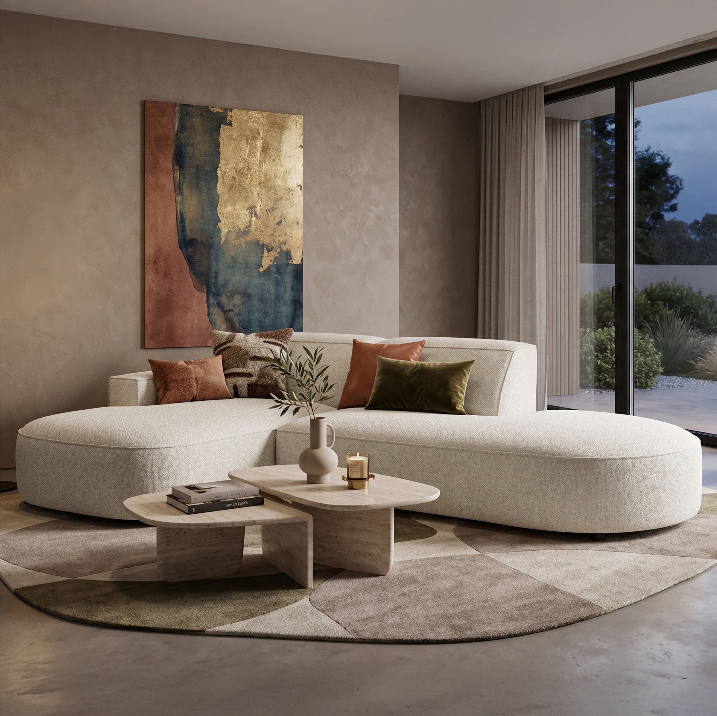 Modulares Ecksofa Sallmo, kleines L-förmiges, linksseitiges Modell, cremefarben, hydrophober Chenille-Stoff